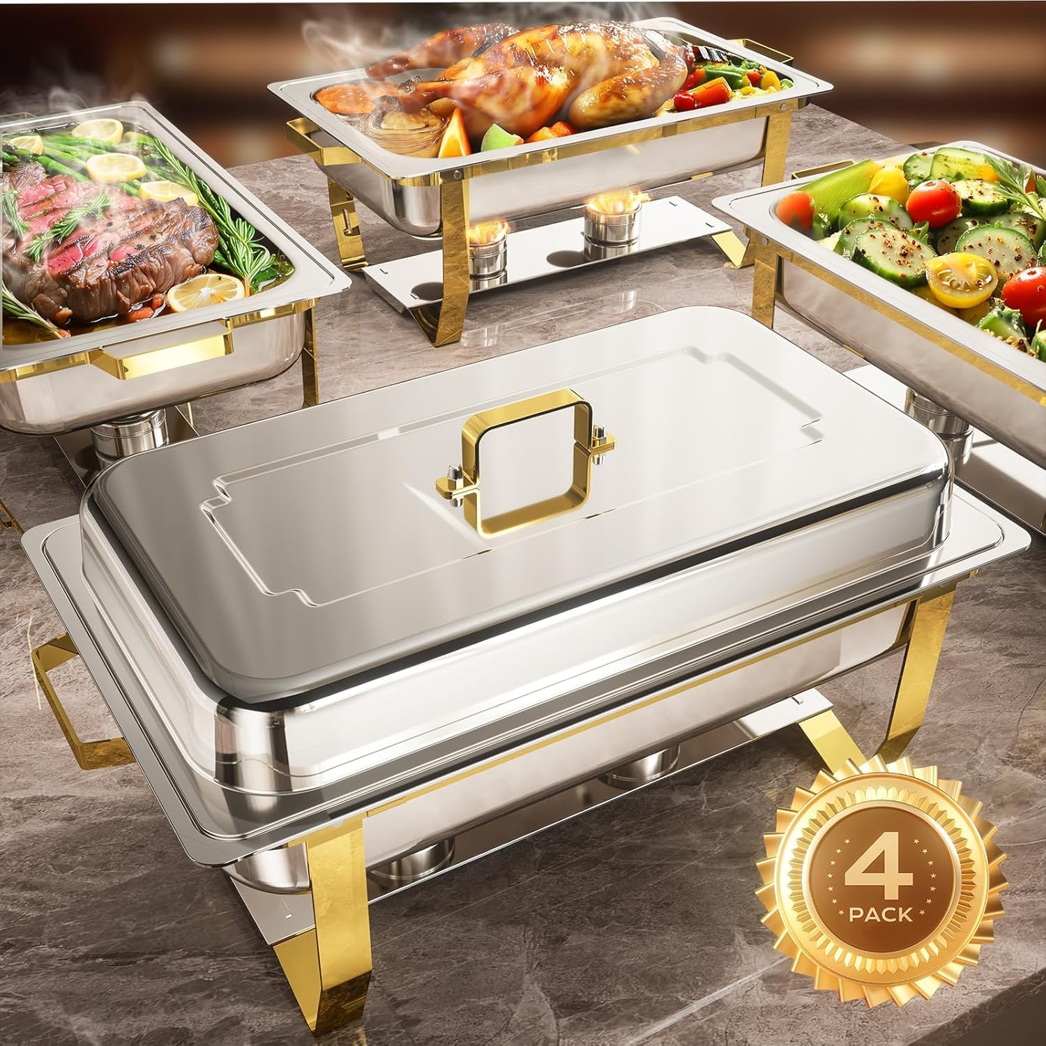 4-Pack Stainless Steel Buffet Chafing Dishes Set - 8QT Elegant & Sturdy Food Warmers for Catering, Weddings, Parties (Gold & Silver) - Keep Meals Hot at Events, Banquets & Buffet Serving