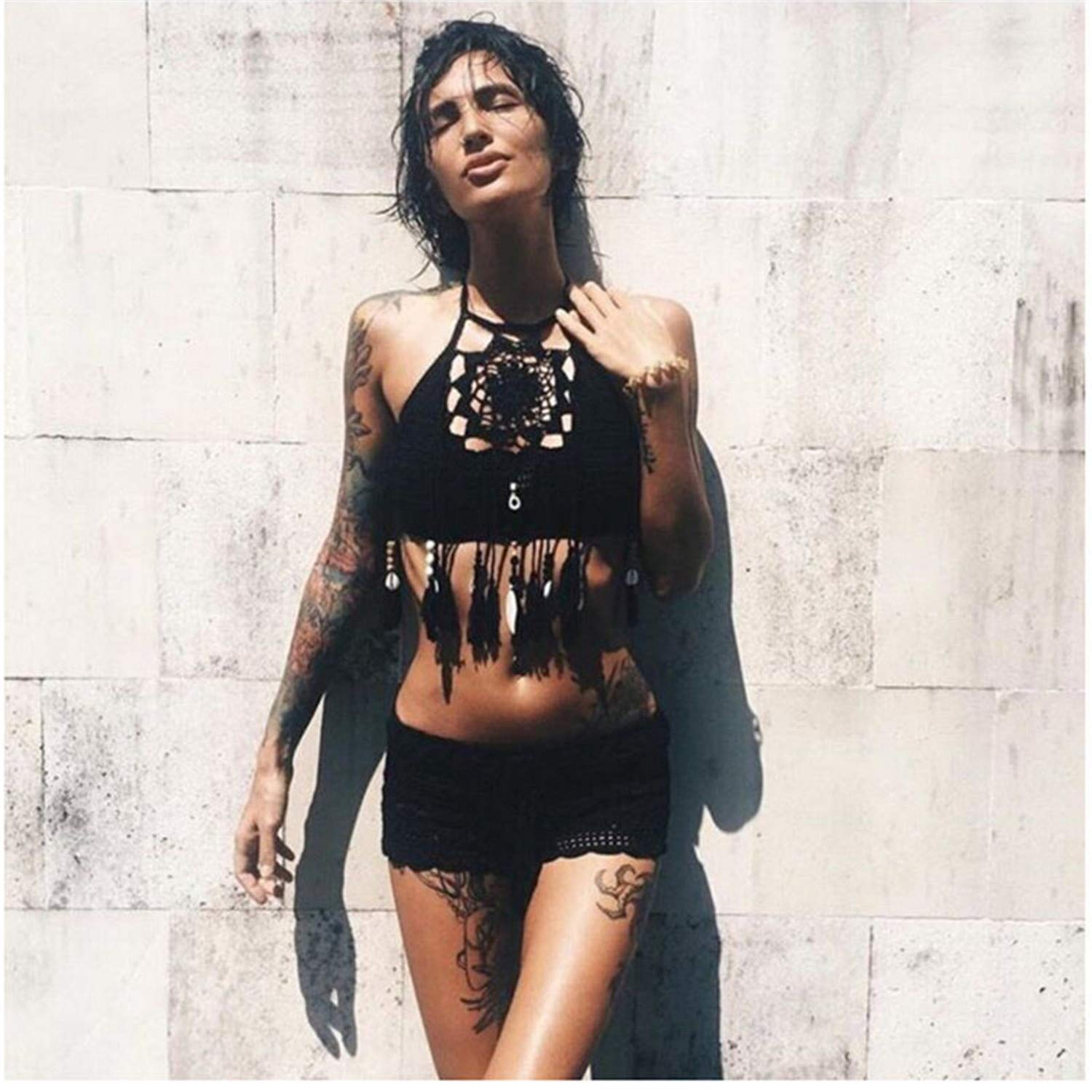 Andongnywell Women's Crochet Fringed Bikini Set - Handmade Two Piece Swimsuit with Tassels for Beach Vacation, Pool Party & Summer Getaway