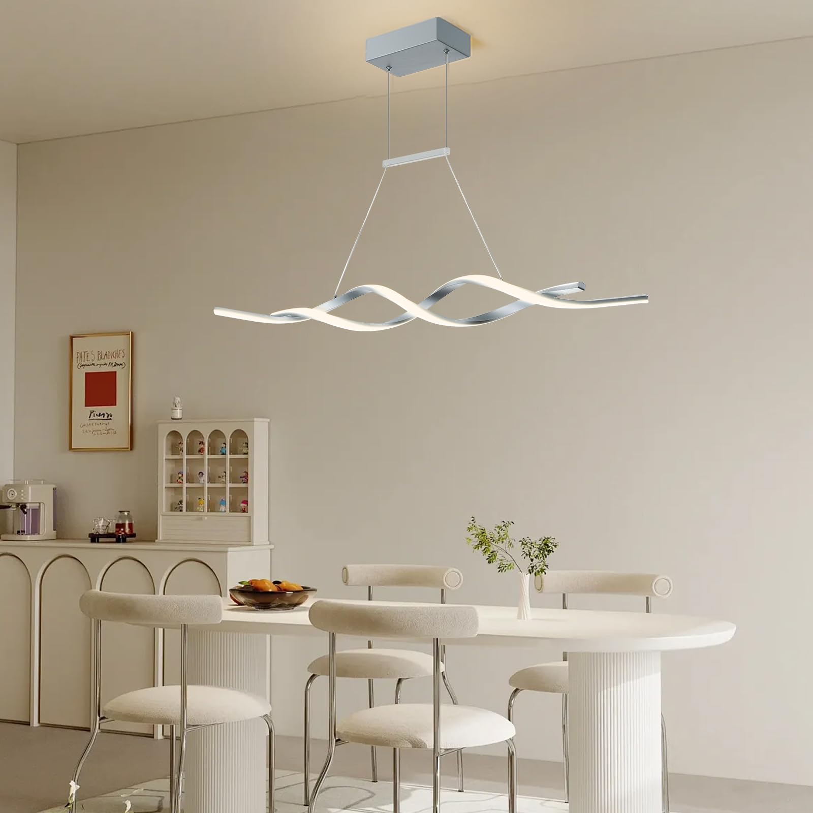 Jaycomey Modern LED Pendant Light Fixture - Dimmable Wave Shape Chandelier with Remote Control, 3000K-6000K Color Temperature, 28W Acrylic & Aluminum Hanging Light for Dining Room, Kitchen Island, Restaurant, Bar, Living Room - Gray