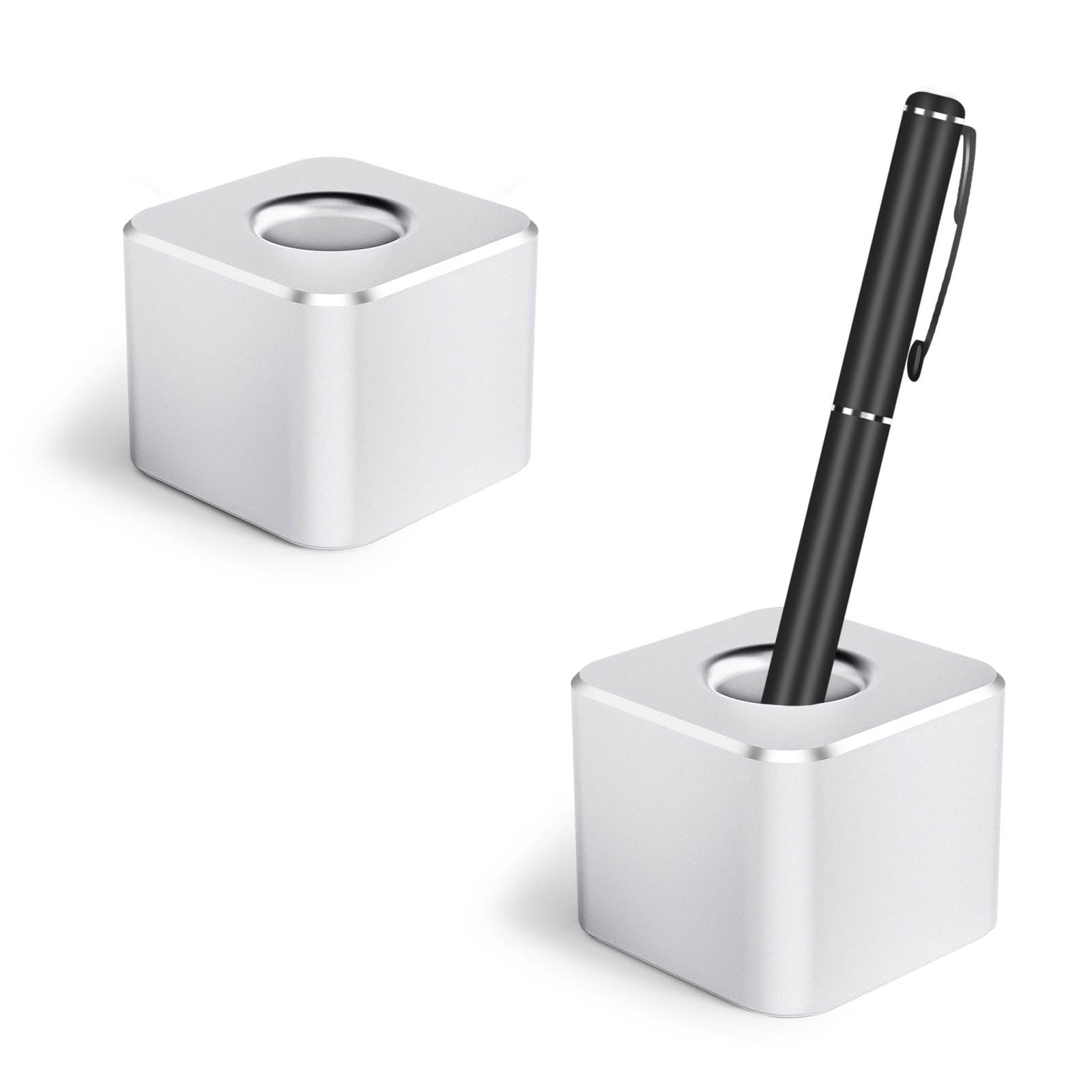 2 Pack Aluminum Pen Holder Stand - Single Pen Display Base, Small Metal Desk Organizer for Office, Home, or School - Perfect for Fountain Pens, Ballpoints & Markers (Silver)