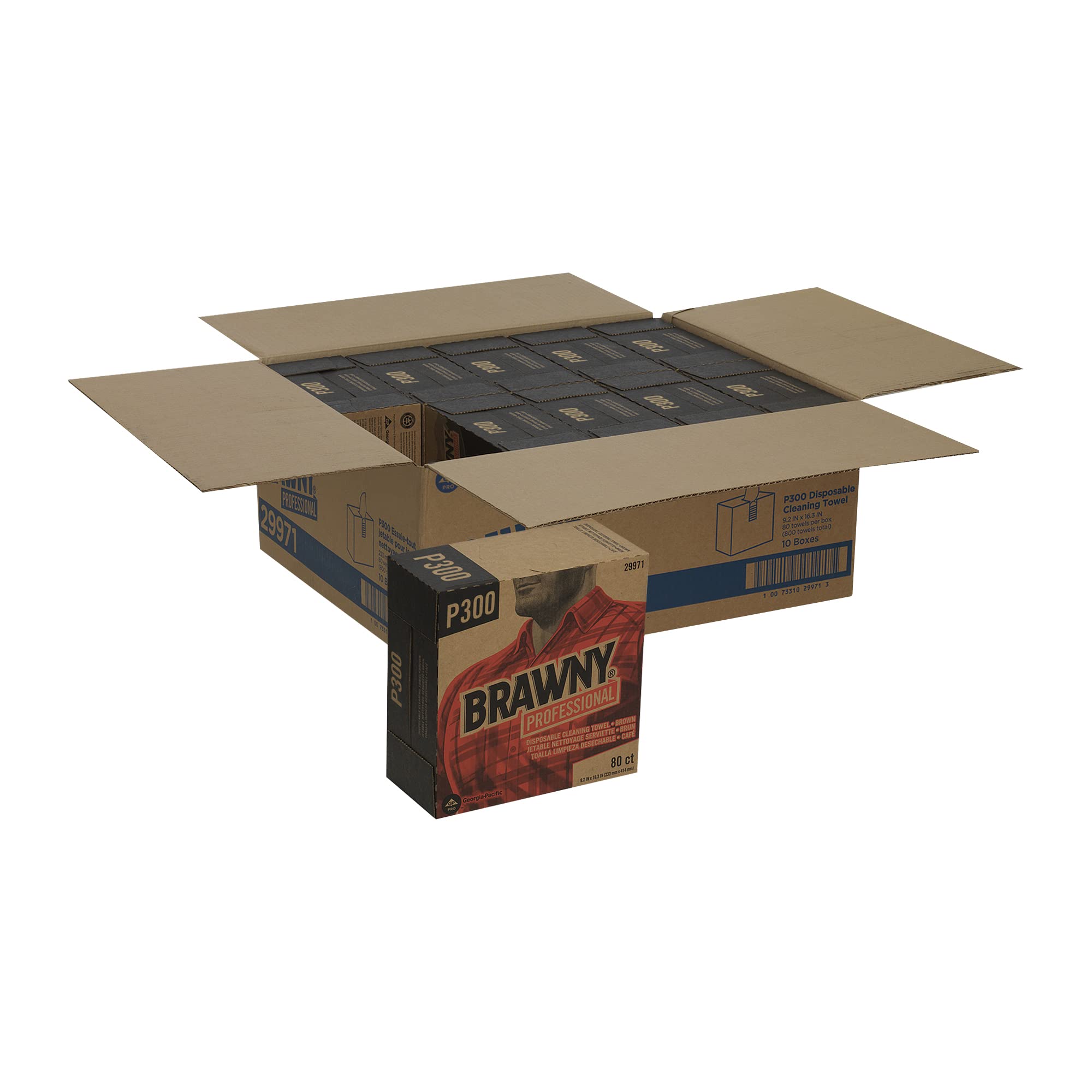 Georgia-Pacific Brawny Professional P300 Disposable Cleaning Towels - 10 Boxes (80 Count Each) | Light Duty Paper Towels for Kitchen, Office & Industrial Use | Brown Tall Box Commercial Cleaning Supplies