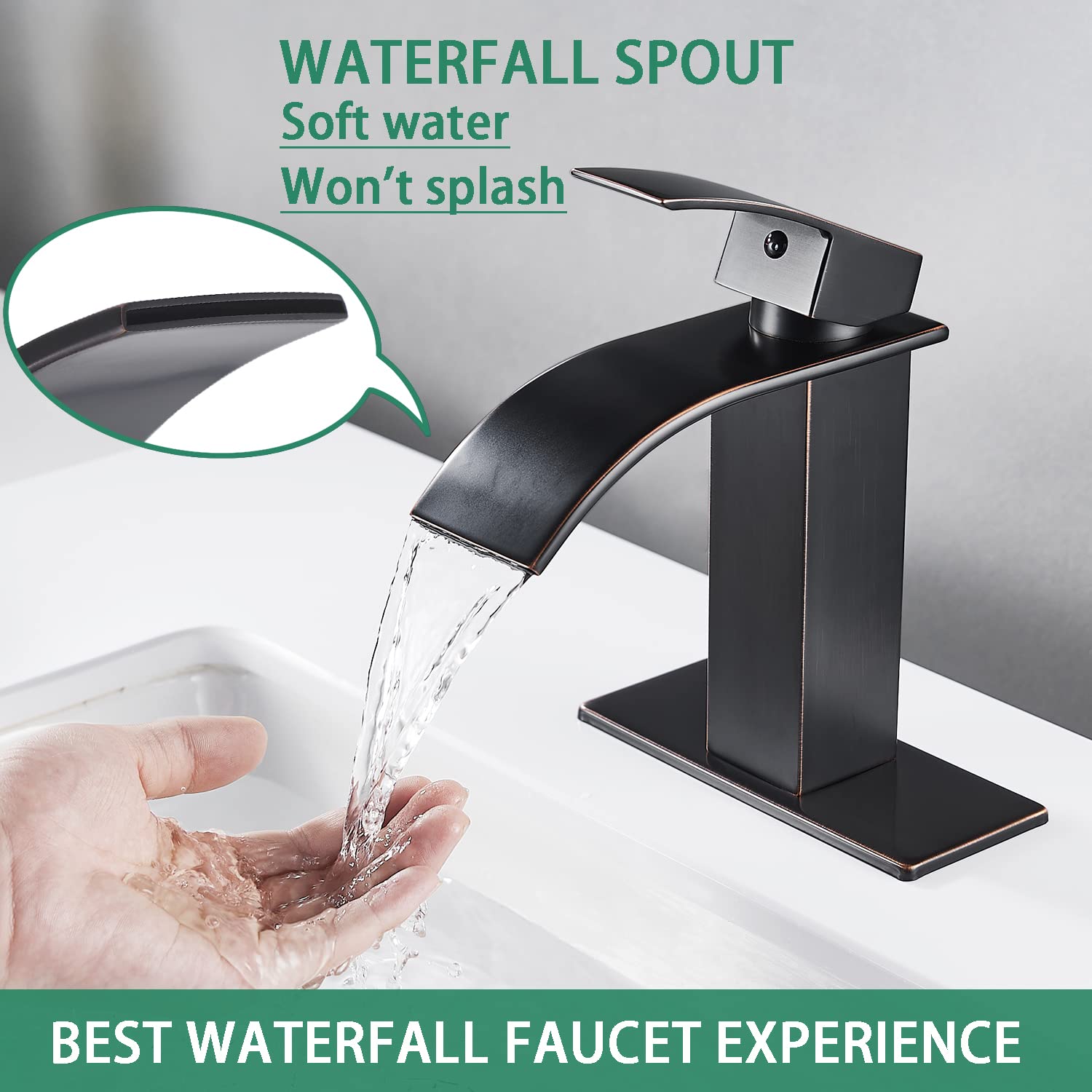 VOTON Oil Rubbed Bronze Modern Waterfall Bathroom Sink Faucet - Single Handle 1 or 3 Hole Deck Plate Design for RV, Camper, Farmhouse & Utility Sink Remodel | Perfect for Small Bathrooms, Guest Suites & Tiny Homes