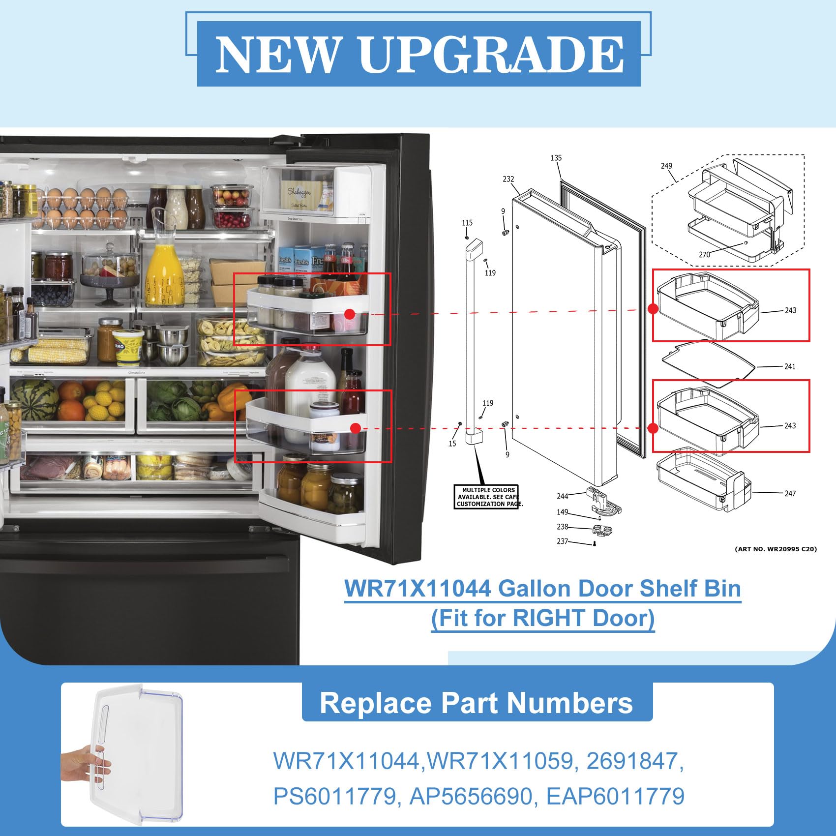 GE Refrigerator Door Shelf Bin WR71X11044 Replacement - Compatible with WR71X11059, PS6011779, AP5656690, 2691847, EAP6011779 | Durable Fridge Organizer for Food Storage & Easy Access | Refrigerator Parts & Accessories