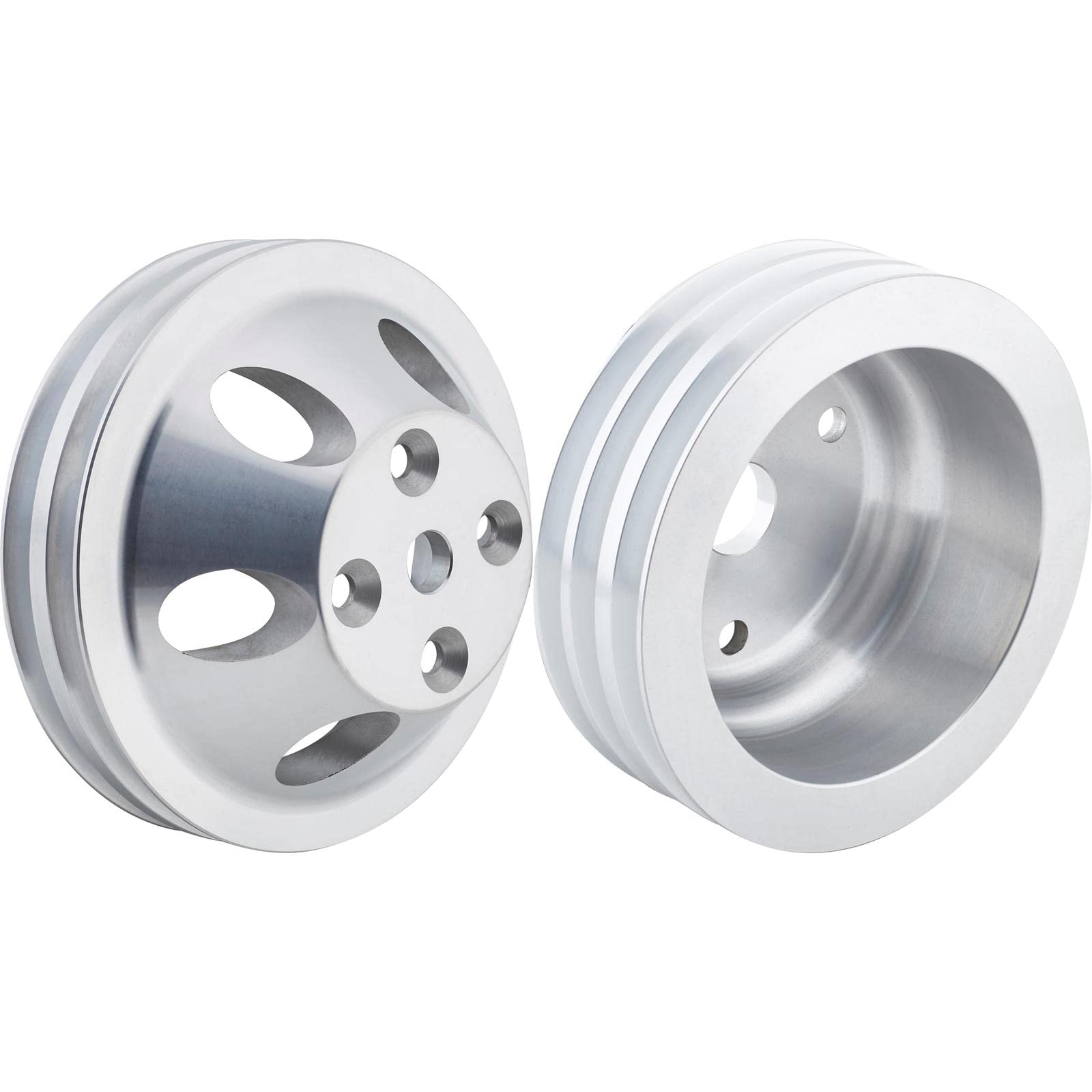 High Performance SBC Cast Aluminum Pulley Set for '69-'85 Small Block Chevy - 2-Groove Water Pump & 3-Groove Crankshaft, Lightweight Precision Machined, Long Pump Style - Perfect for Classic Car Restoration & Hot Rod Engine Upgrades