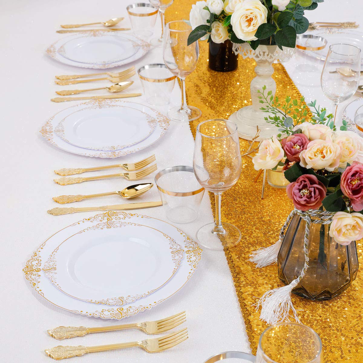 60 Pack Gold Plastic Plates & 200 Gold Plastic Forks - 7.4 Inch Heavy Duty Disposable Tableware Set for Parties, Weddings, Christmas - Elegant White & Gold Dinnerware for Celebrations, Events, and Holiday Gatherings