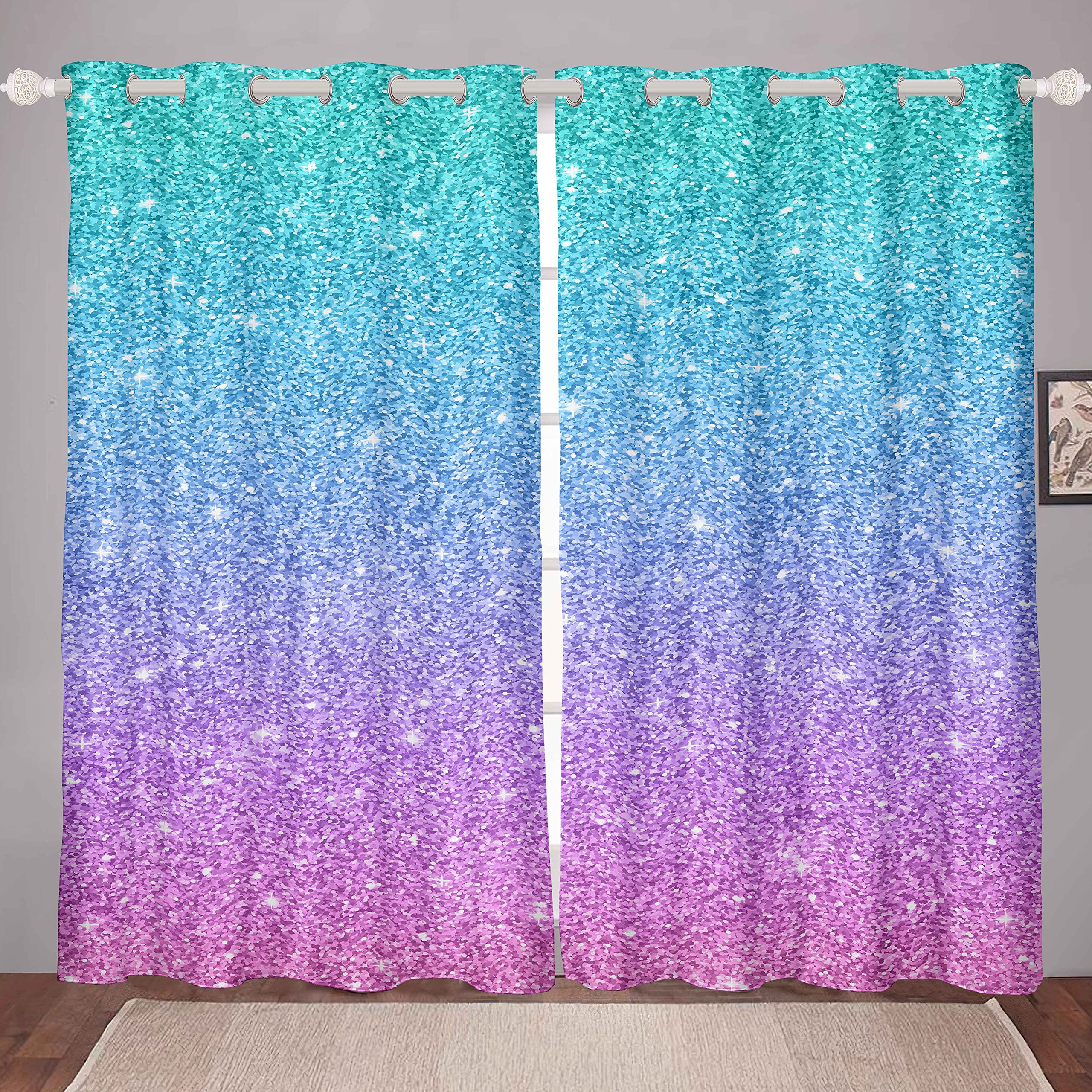 Feelyou Teal Pink Glitter Curtains for Girls Bedroom - Rod Pocket Sparkle Mermaid Drapes, Turquoise Pastel Window Treatment, 52W x 96L Inches, 2 Panels (No Glitter) - Perfect for Kids Room Decor, Nursery, Princess Themed Bedroom & Playroom