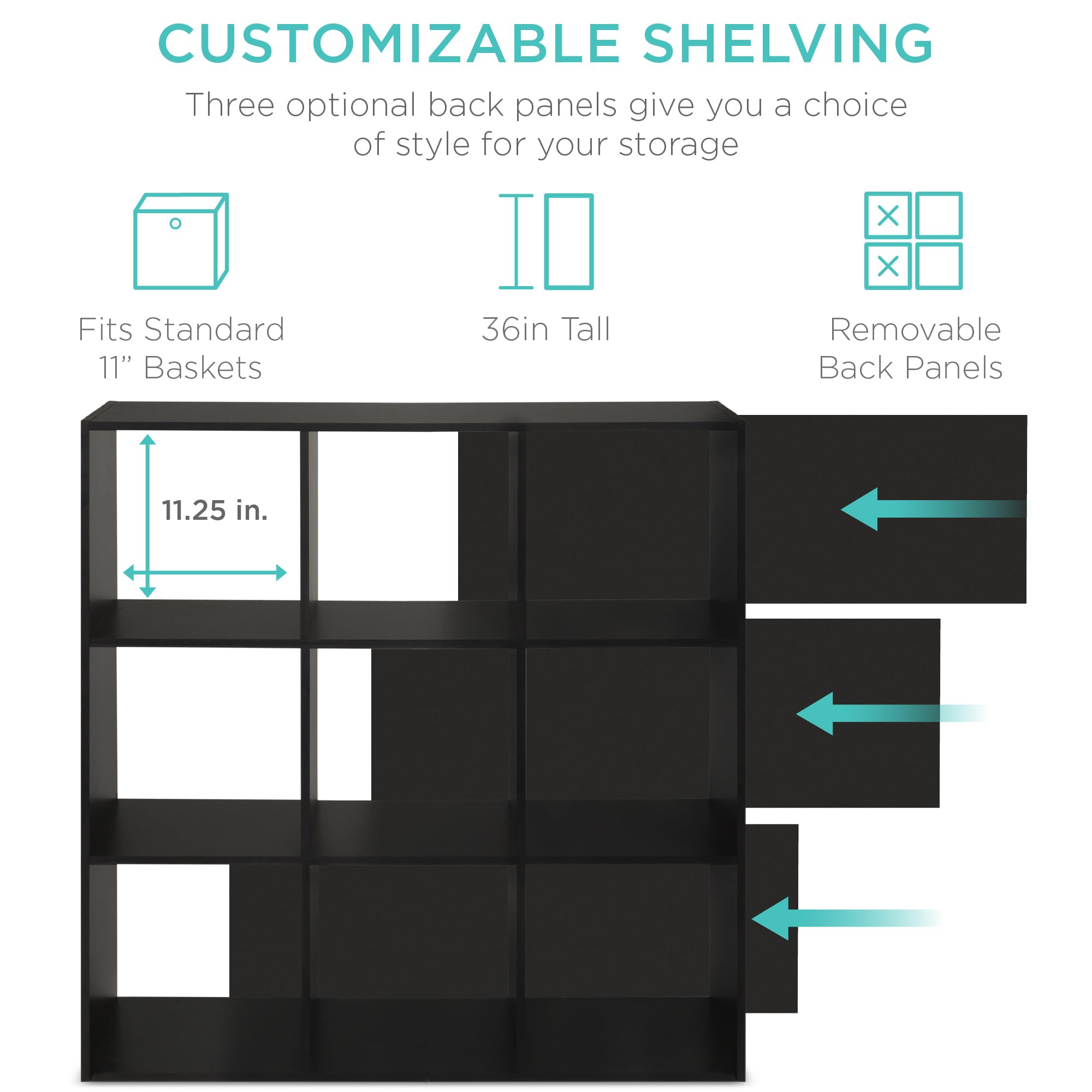 Best Choice Products 9-Cube Storage Organizer Shelf - 11in Openings, Modular Bookcase with 3 Removable Back Panels, Black - Perfect for Living Room, Bedroom, Office & Kids Room Organization