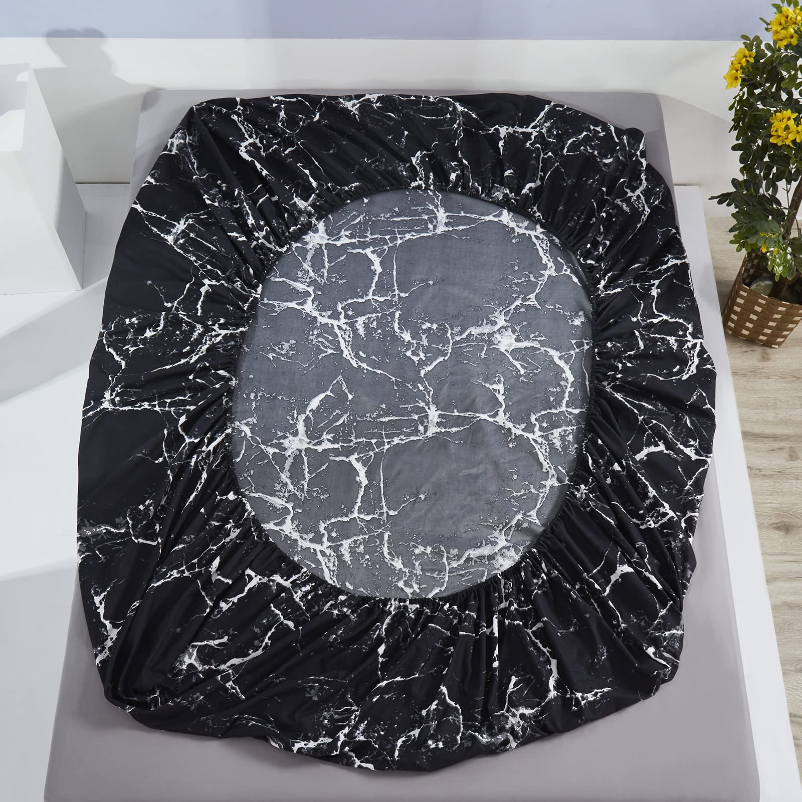 Premium Black Marble Bed Sheet Set - 4 Piece Full Size Bedding with Fitted Sheet, Flat Sheet & 2 Pillowcases - Soft Luxury Sheets for Women & Men - Perfect for Master Bedroom, Guest Room & Dorm Decor