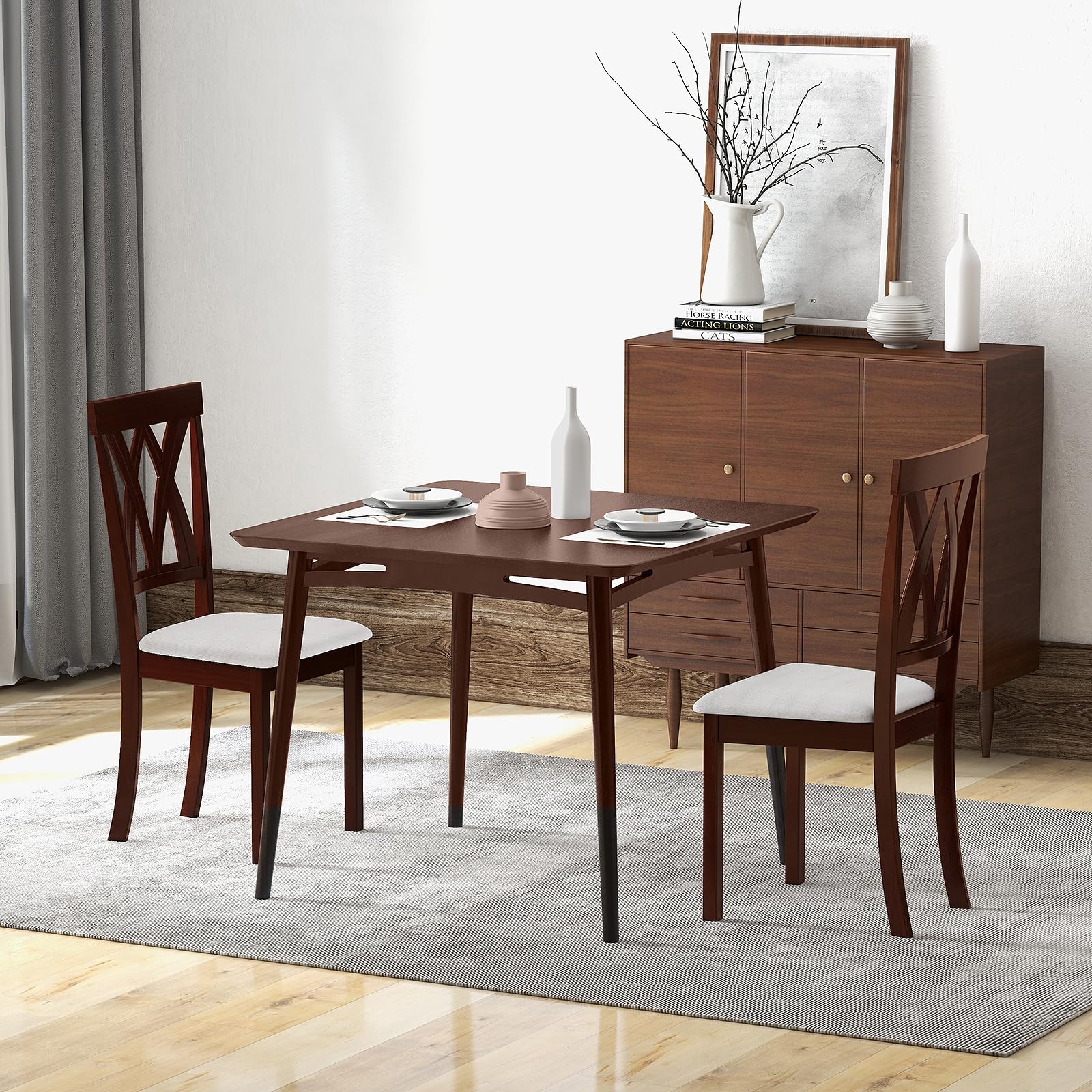 GOFLAME Set of 4 Wooden Dining Chairs - Upholstered Kitchen Side Chairs with Cushioned Seat, Sturdy Rubberwood Frame & Elegant Open Back Design - Perfect for Dining Room, Kitchen, Living Room & Small Spaces