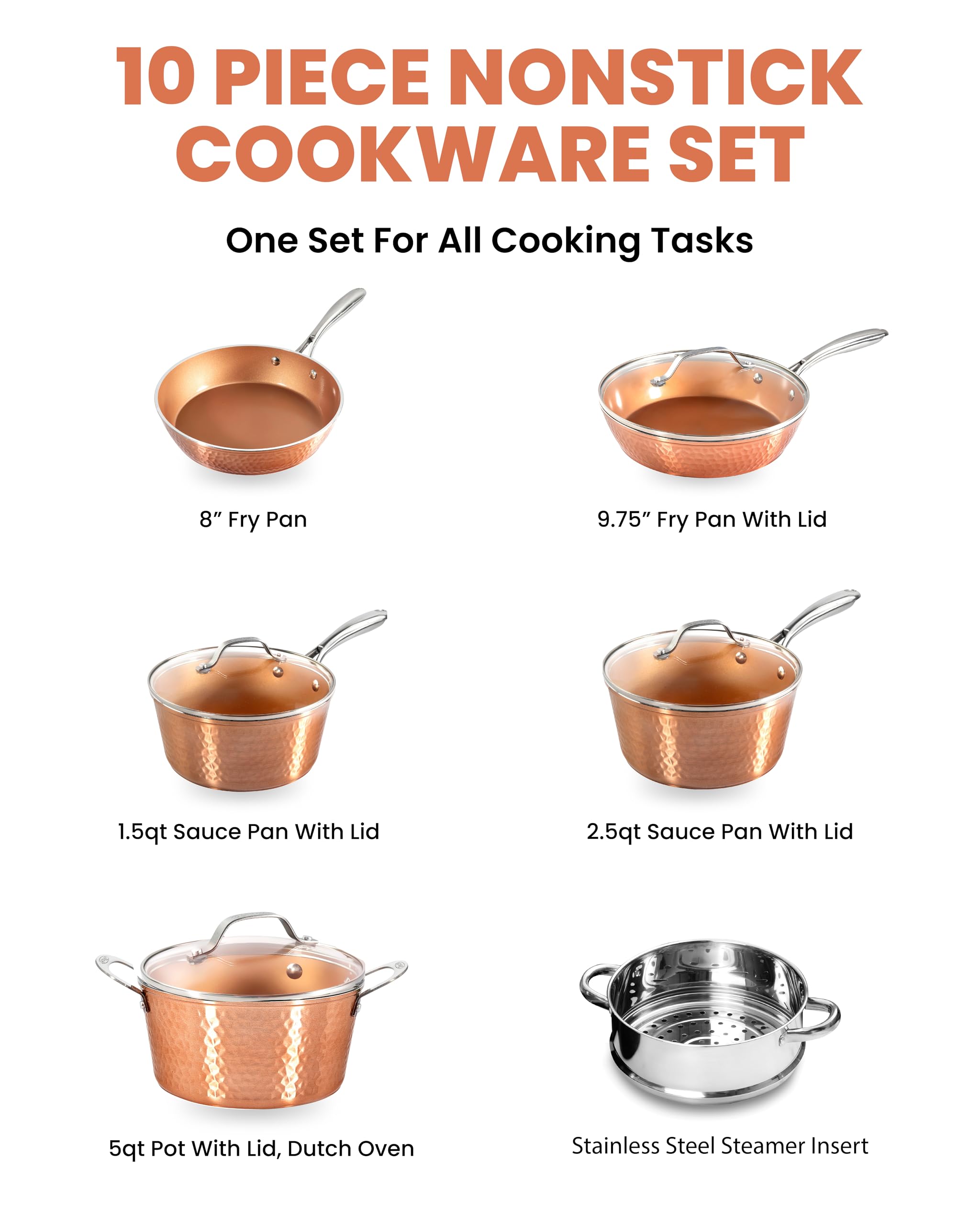 Gotham Steel Hammered Copper 10-Piece Non-Toxic Ceramic Cookware Set - Induction Compatible Pots & Pans, Oven & Dishwasher Safe - Perfect for Home Cooking, Baking & Family Meals