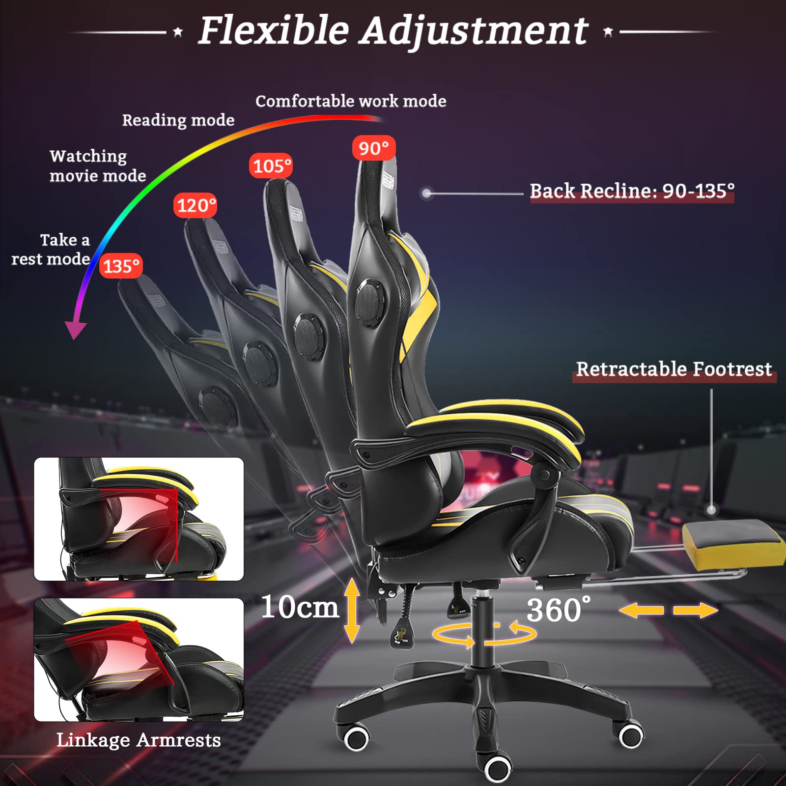 Ergonomic Gaming Chair with Bluetooth Speakers, RGB LED Lights & Massage - High Back Computer Chair with Adjustable Footrest & Lumbar Support (Yellow/Black) - Perfect for Esports, Streaming & Home Office Setup