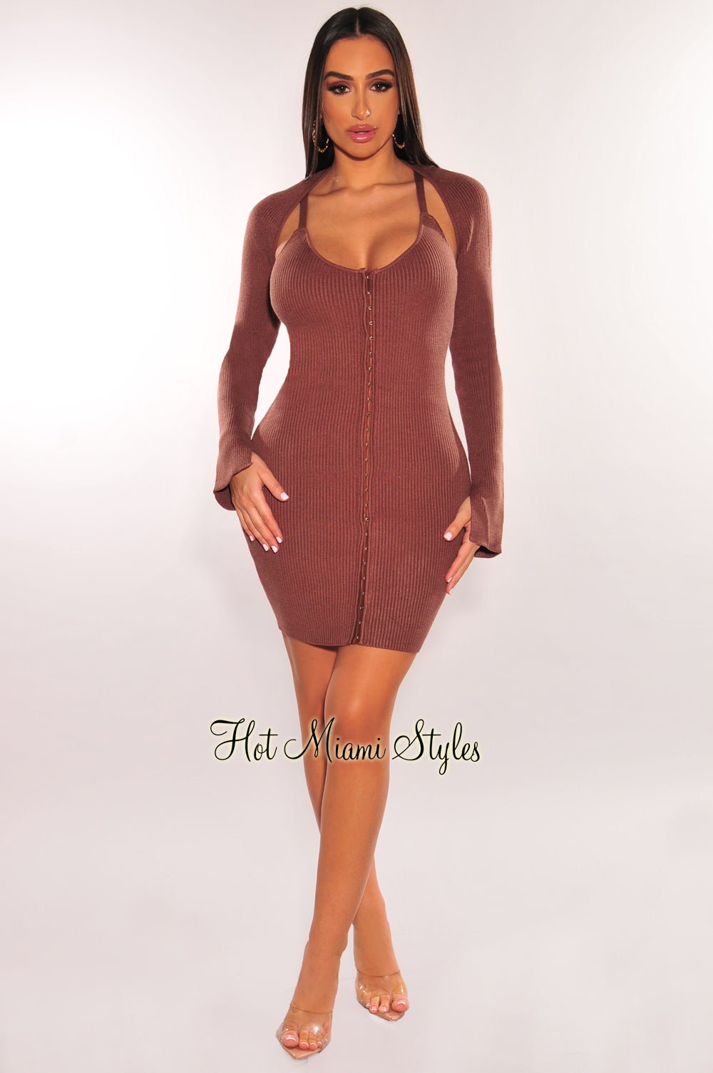 Sexy Chocolate Brown Ribbed Knit Spaghetti Strap Mini Dress with Matching Shrug Jacket - Perfect for Date Night, Parties & Summer Outfits