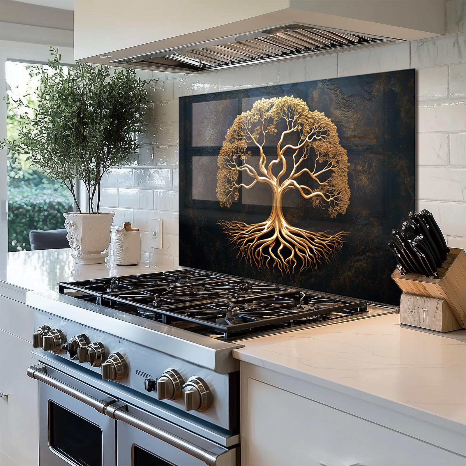 Golden Tree of Life Tempered Glass Kitchen Backsplash - 30