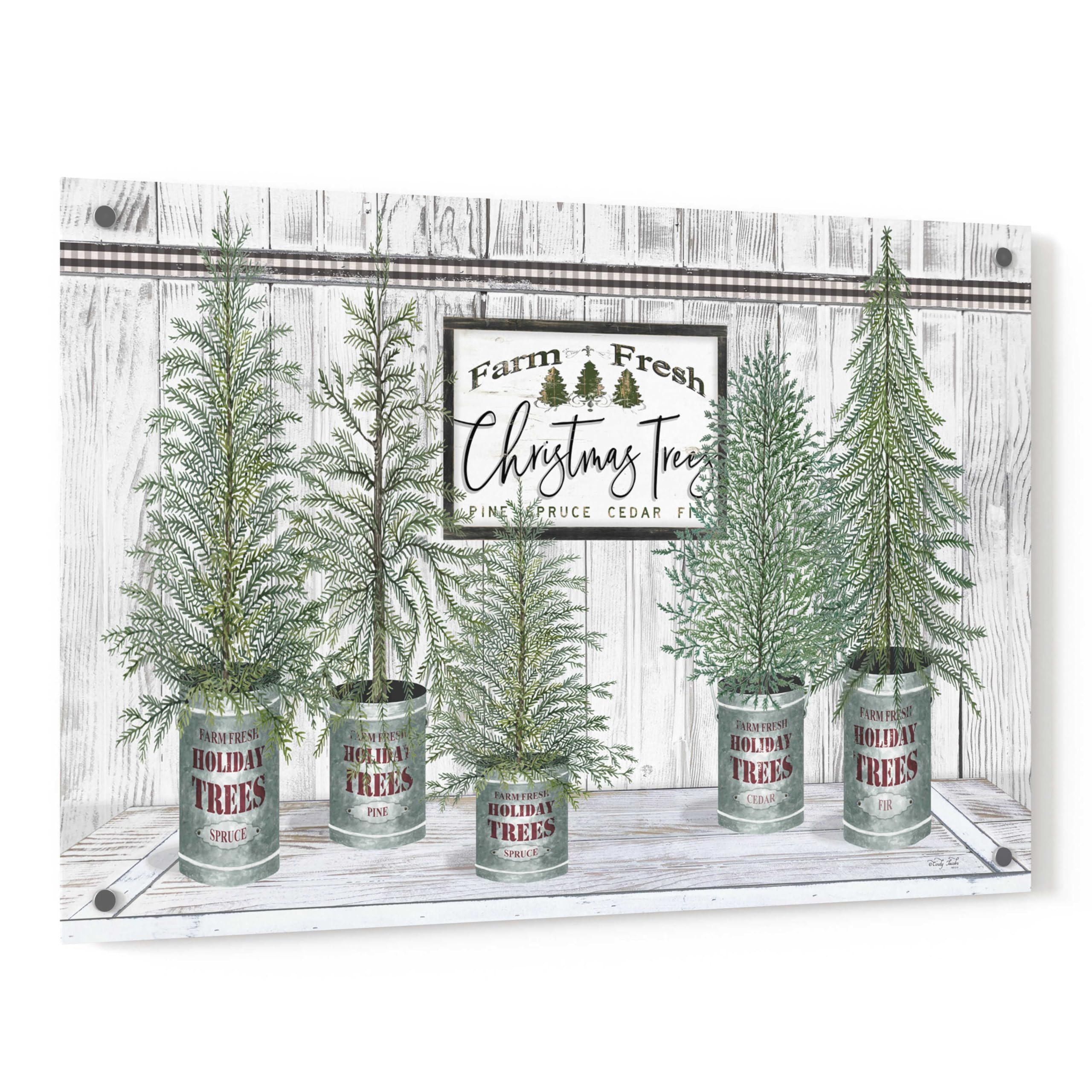 Galvanized Pots White Christmas Trees II Wall Art by Cindy Jacobs - 36x24 Inch Acrylic Glass Canvas Painting - Holiday Home Decor for Living Room, Bedroom & Office