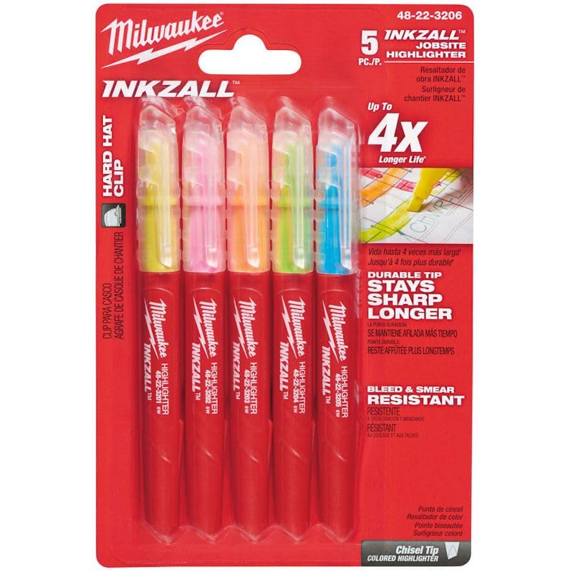 Milwaukee INKZALL Multi-Color Jobsite Highlighter Markers (5-Pack) - Durable Construction Markers for Blueprints, Drawings & Work Orders - Ideal for Contractors, Engineers & Construction Workers
