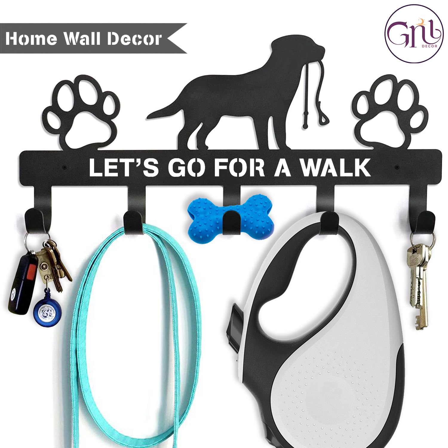 GNL Wall Mounted Dog Leash Holder & Key Rack - Durable Leash Hooks for Dog Walking Accessories - Decorative Gift for Dog Lovers & Pet Owners - Perfect for Entryway, Mudroom or Garage Organization