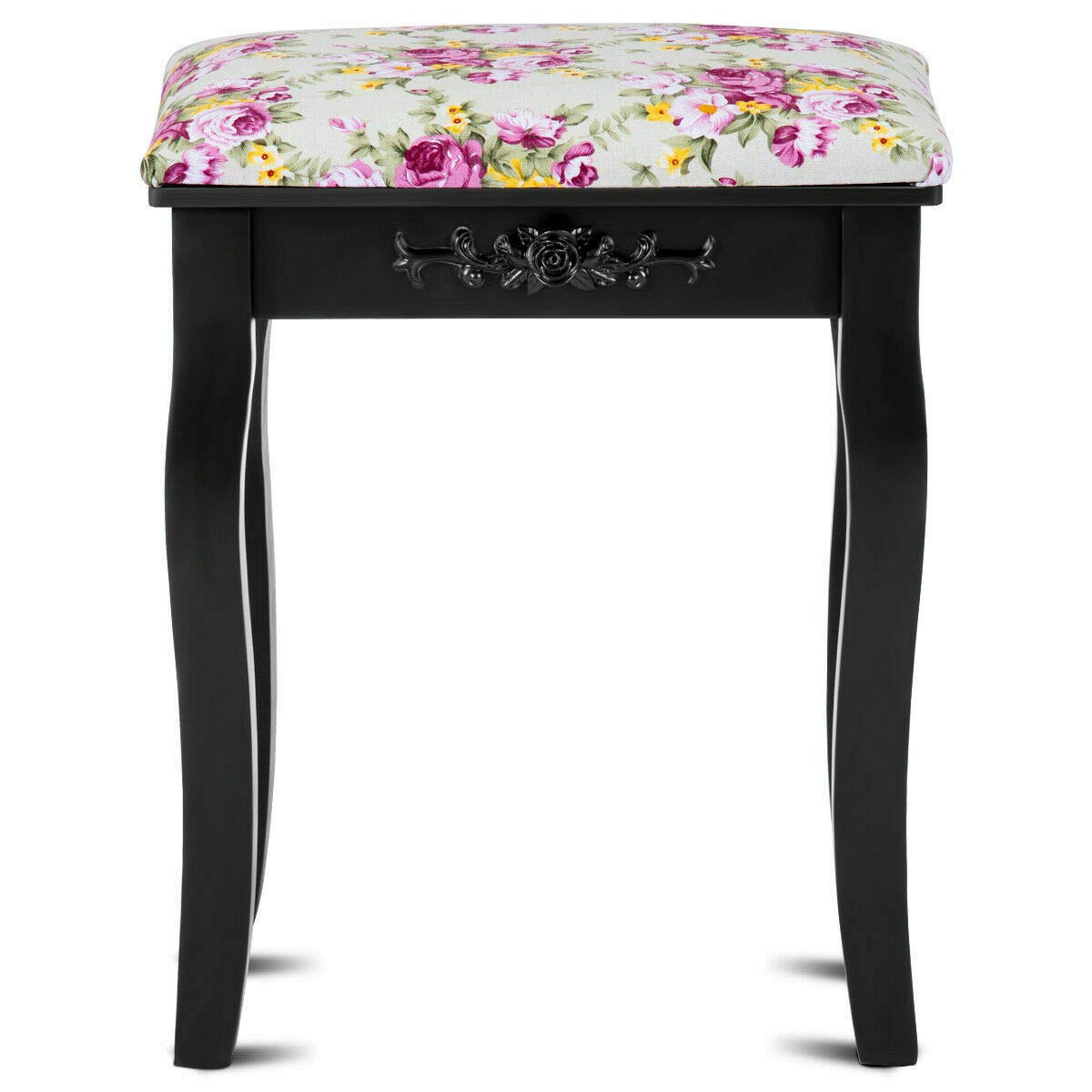 Black Vanity Stool with Padded Seat - Wooden Makeup Chair with Rose Cushion for Dressing Table, Bedroom Decor & Piano Bench - Perfect for Cosmetics, Jewelry Organization & Vanity Area