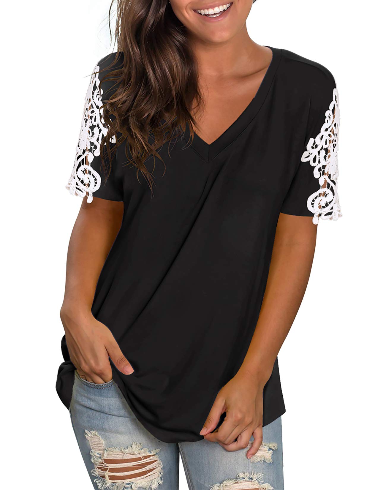 NIASHOT Women's V-Neck Short Sleeve Lace T-Shirt - Casual Summer Tee Tops for Women - Perfect for Daily Wear, Beach Outings & Date Nights