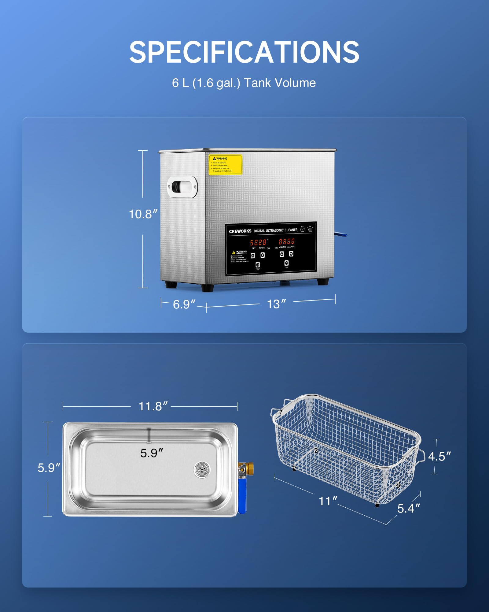 CREWORKS 1.6 Gallon Digital Ultrasonic Cleaner with Heater & Timer - 180W 6L Stainless Steel Jewelry Cleaner for Glasses, Watches, Dentures, Tools - Professional Sonic Cleaning Machine for Home & Commercial Use