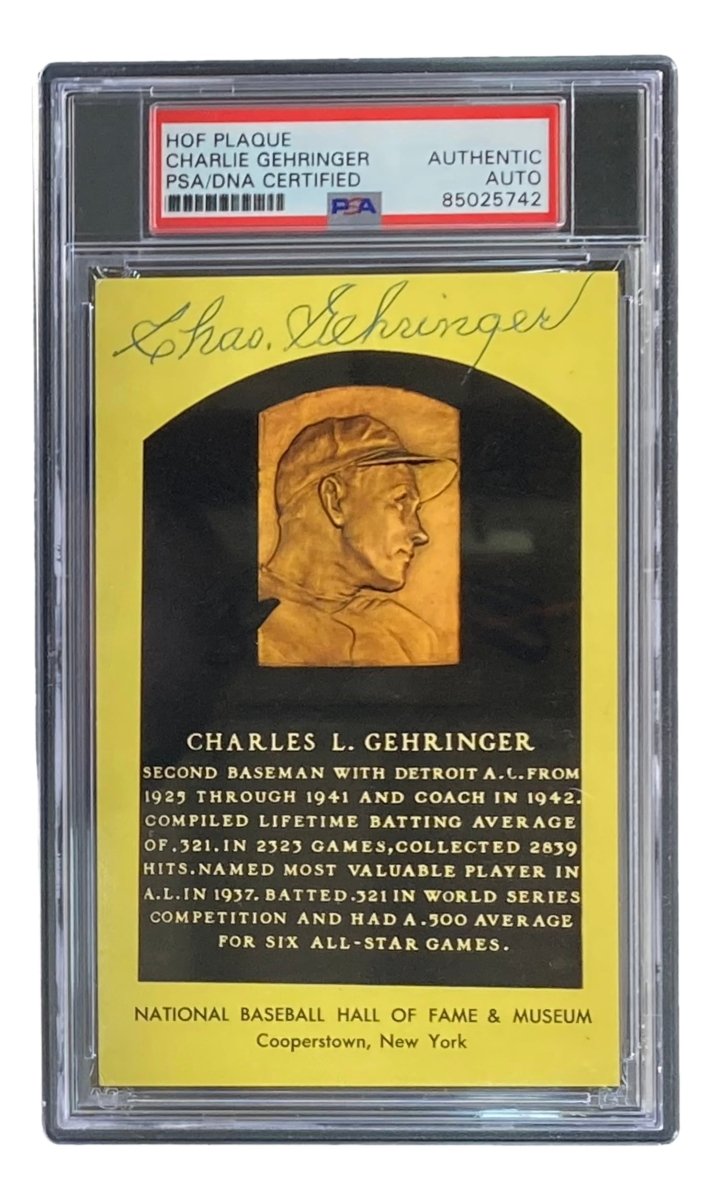 Charlie Gehringer Autographed 4x6 Detroit Tigers Hall of Fame Plaque Card with PSA/DNA Certification #85025742 - Perfect for Baseball Memorabilia Collectors and Sports Fans Display
