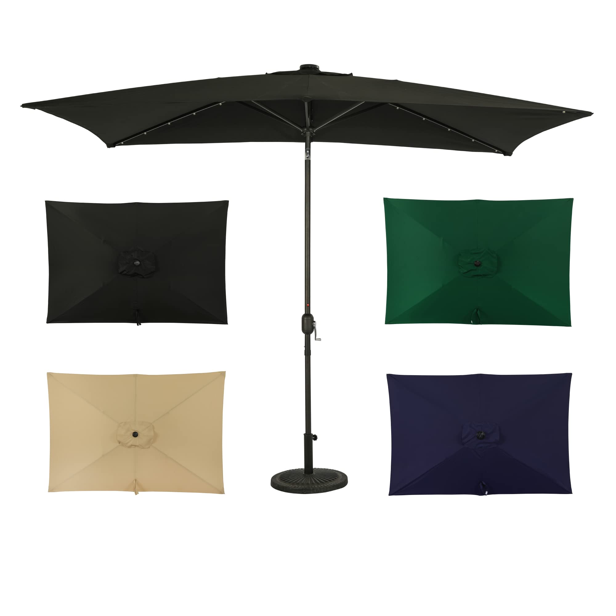 Outdoor LED Market Umbrella with 8 Bright Bulbs - 9ft Rectangle Patio Umbrella for Deck, Poolside & Backyard - Waterproof Sun Shade with Easy Crank Handle