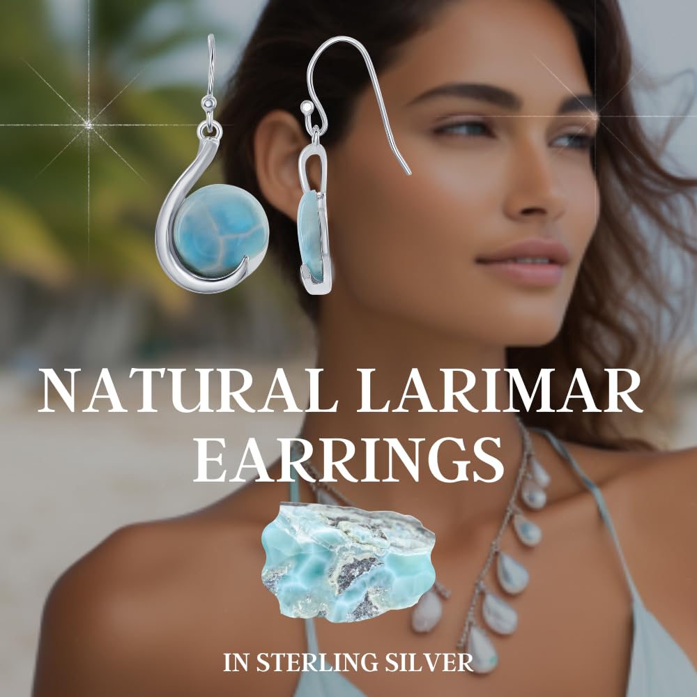 Natural Larimar Sterling Silver Dangle Earrings for Women - Hypoallergenic Round Blue Larimar Jewelry | Perfect for Weddings, Parties & Everyday Wear