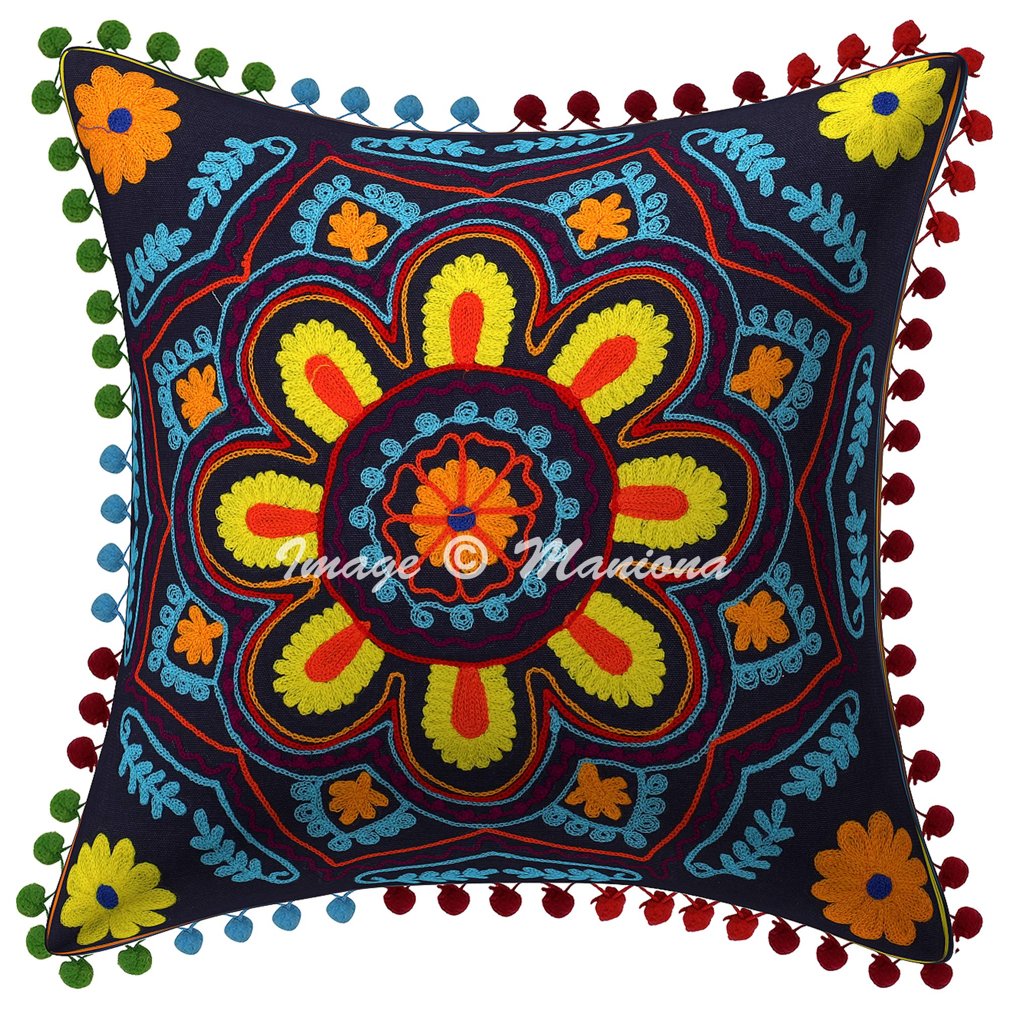 Boho Suzani Cushion Covers 16x16 Inches - 2 Piece Set with Pom Pom Trim, Indian Inspired Decorative Pillow Cases for Outdoor, Patio, and Bohemian Home Decor