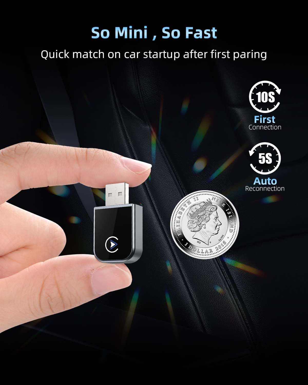 2025 Upgraded Mini Wireless CarPlay Adapter for Apple iPhone - Plug & Play for Cars Since 2016 | iOS 10+ Compatible | No Delay | Black | Perfect for Commuting & Road Trips