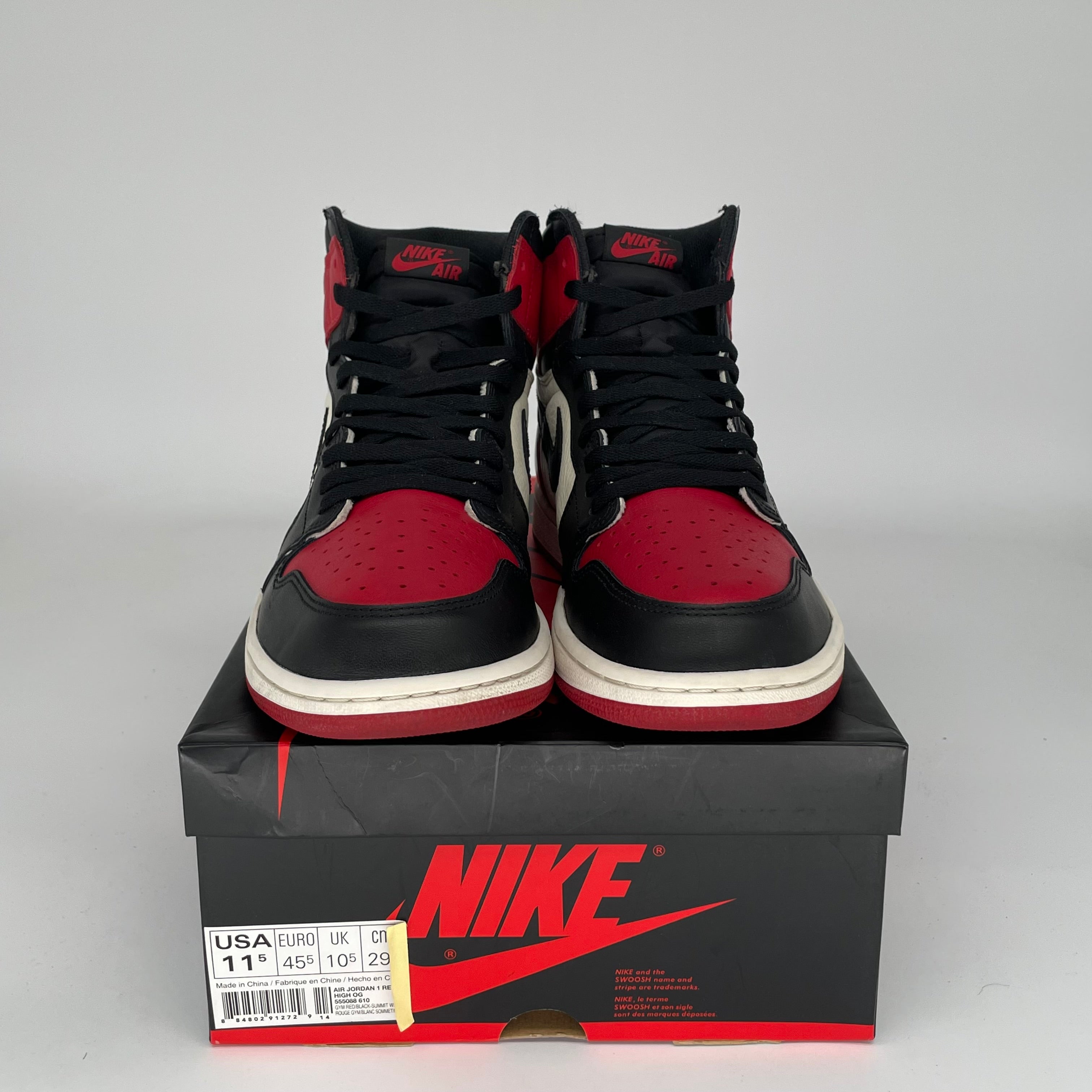 Original Air Jordan 1 Retro High OG 'Bred Toe' Men's Basketball Shoes Size 11.5 (555088-610) - Perfect for Streetwear, Sneaker Collecting & Casual Fashion