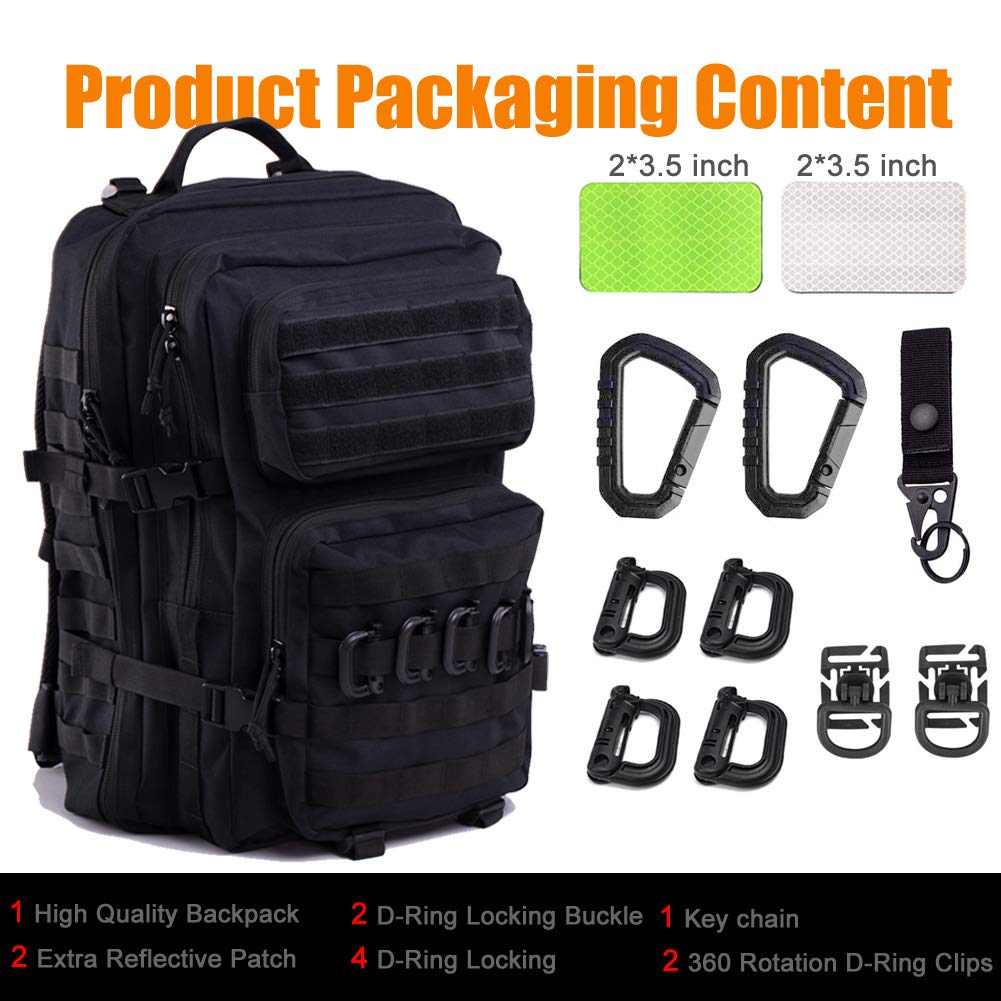 Black Tactical Backpack - Military Molle Rucksack for Outdoor Hiking, Camping & Travel | Durable Waterproof Army Backpack for Men & Women