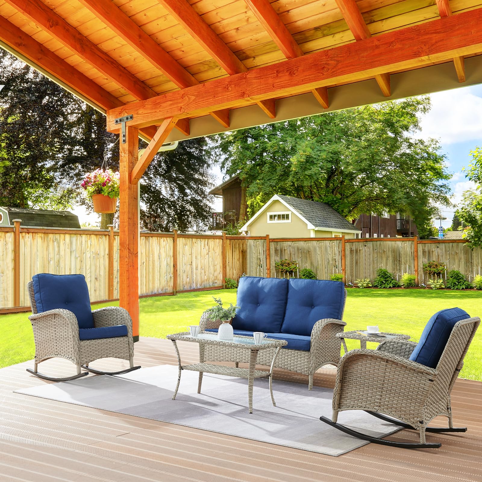2-Piece Wicker Rocking Chair Set for Porch & Patio - Outdoor Rocking Chairs with Cushions & Side Table | Perfect for Backyard Relaxation, Garden Lounging & Front Porch Sitting