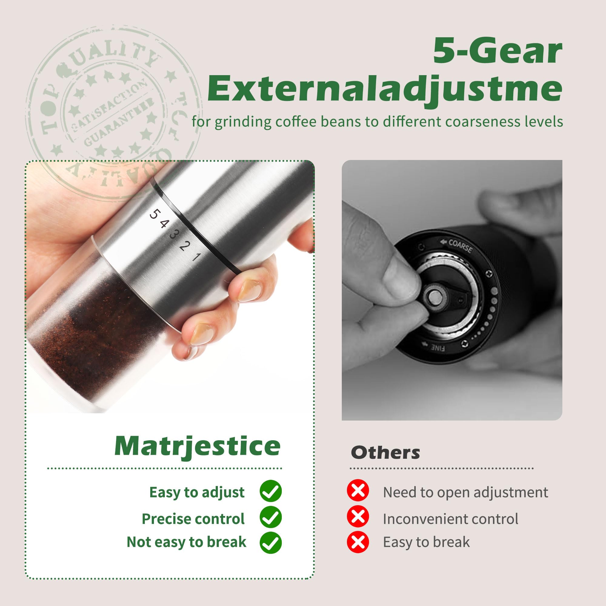 Premium Manual Coffee Grinder with Ceramic Burr - 5 Adjustable Settings for Espresso & French Press - Portable Hand Crank Coffee Bean Mill for Home, Camping & Travel - Perfect for Coffee Enthusiasts & Outdoor Adventures