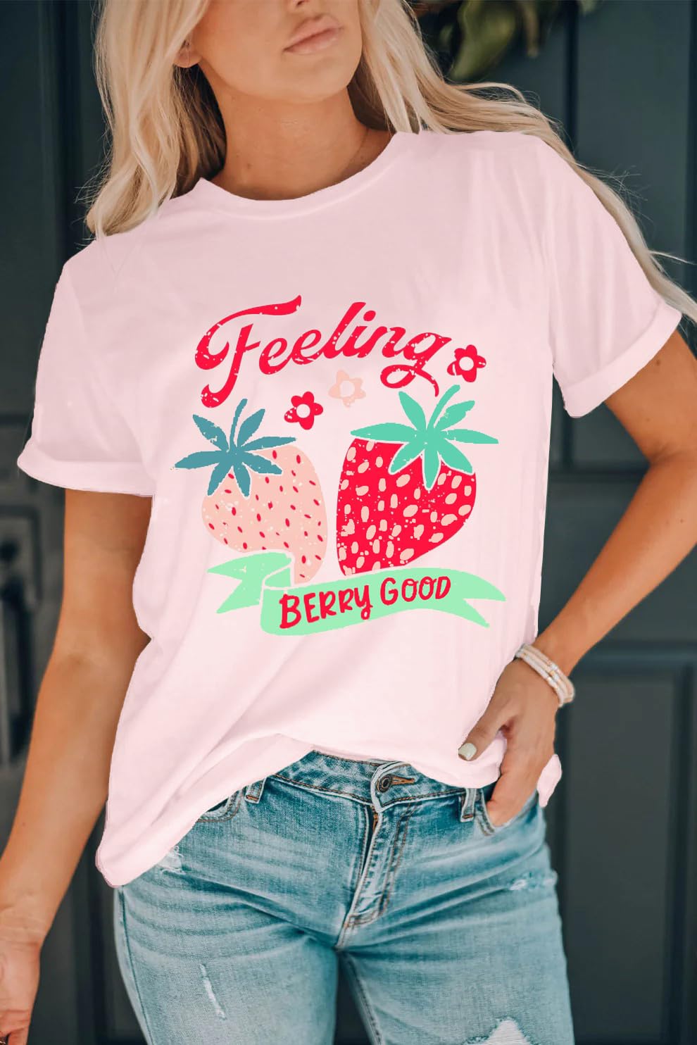 LBP Women's Cute Strawberry Graphic T-Shirt - Fruit Lover Casual Tee with 'Feeling Berry Good' Print - Perfect for Summer Outfits, Girls Day Out & Casual Wear