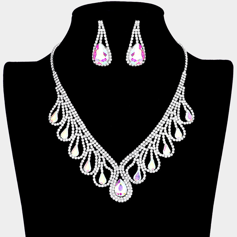 Elegant AB Teardrop & Rhinestone Crystal Necklace Set for Women | Sparkling Jewelry Gift for Party, Wedding & Evening Events | 457110