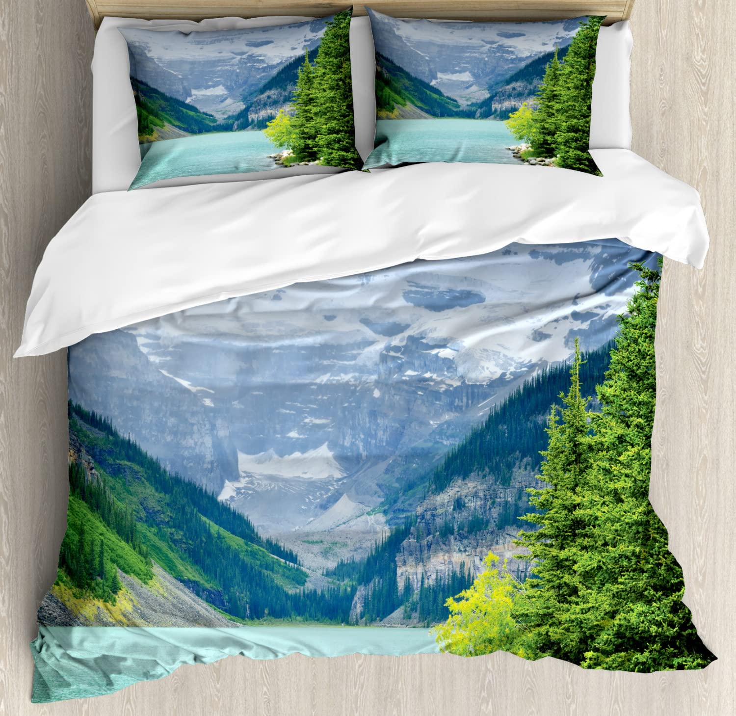 Ambesonne Queen Size Duvet Cover Set - 2 Pack with 4 Pillowcases | Stunning Lake Louise & Canadian Rockies Landscape Design in Green & White | Perfect for Cozy Bedroom Decor & Winter-Themed Home Styling