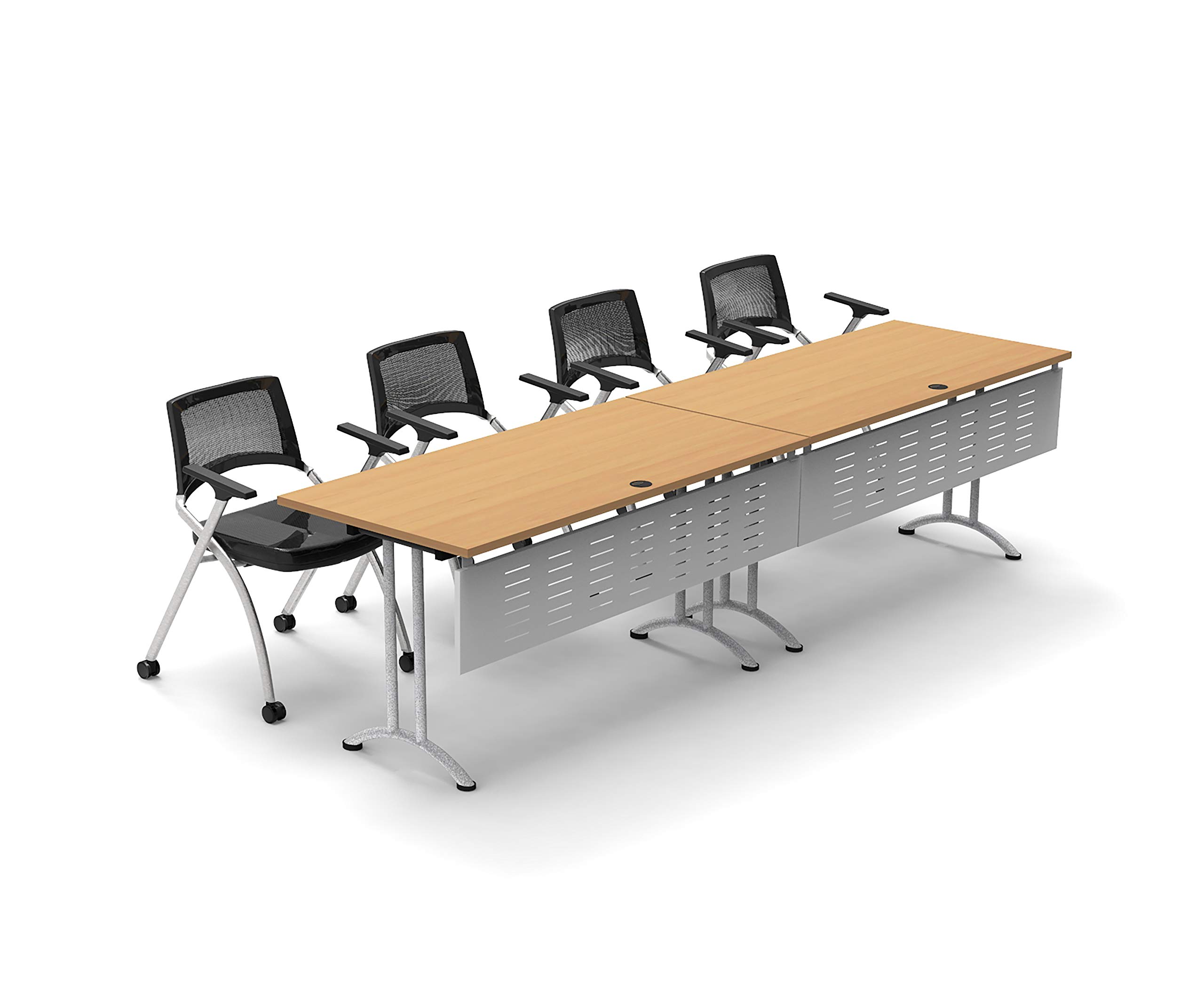 4-Person Folding Conference Table Set with 8pc Beech Chairs & Modesty Panels - Connectable Training Tables for Classrooms, Seminars & Meetings - Space-Saving Nesting Design for Compact Storage - Ideal for Office Training, School Classrooms & Conference Room Setup