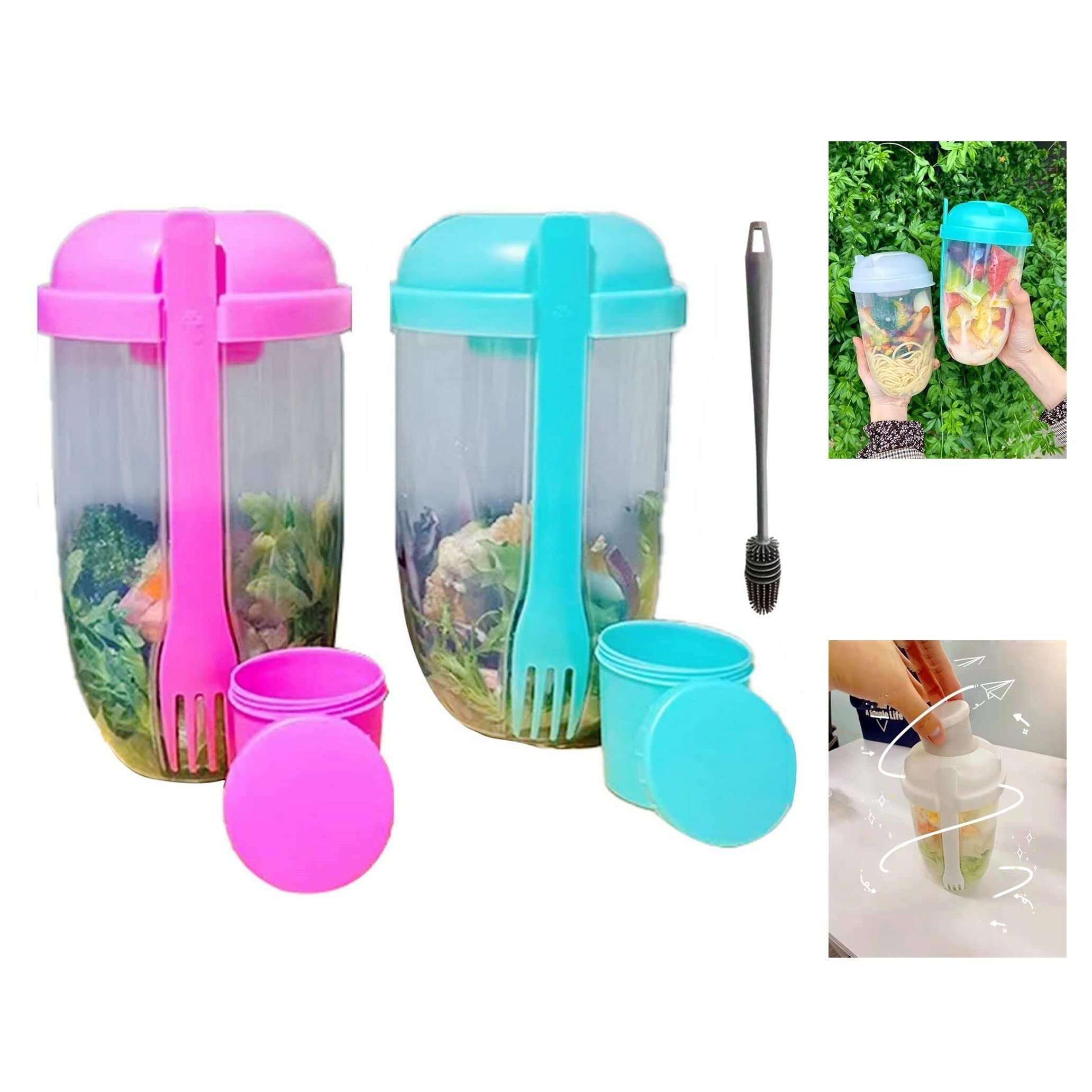 2022 Portable Salad Shaker Cup with Fork & Dressing Container - BPA-Free Meal Prep Container with Washing Brush for Healthy Eating - Perfect for Office Lunch, Gym, Picnics & On-the-Go (7.48×4.33×4.33in, E-Pink+Green)