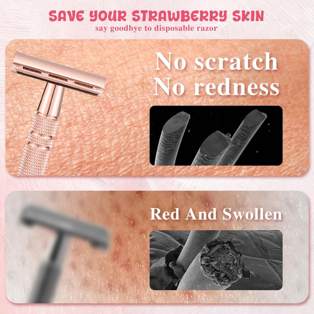 Solara Women's Safety Razor - Reusable Double Edge Razor for Painless Hair Removal on Legs, Arms, Underarms & Bikini Line - Smooth Shaving with Rose Gold Metal Finish - Perfect for Travel, Home & Gym Use