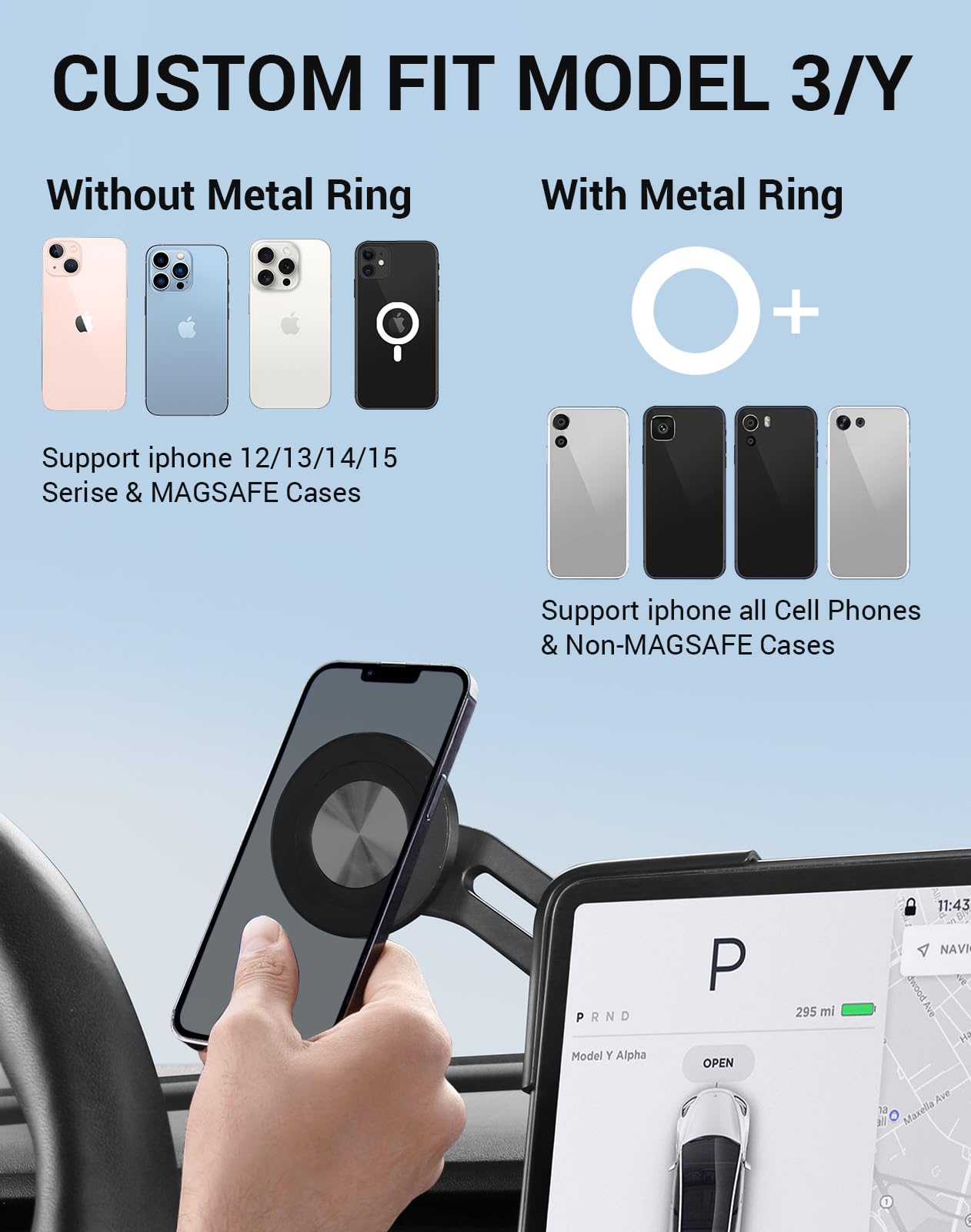 BASENOR Magnetic Phone Holder for Tesla Model 3 & Y - 360° Adjustable Strong Magnet Stand with Magsafe Compatibility - Fits iPhone & Android Phones - Perfect for Hands-Free Navigation & Streaming in Your Tesla