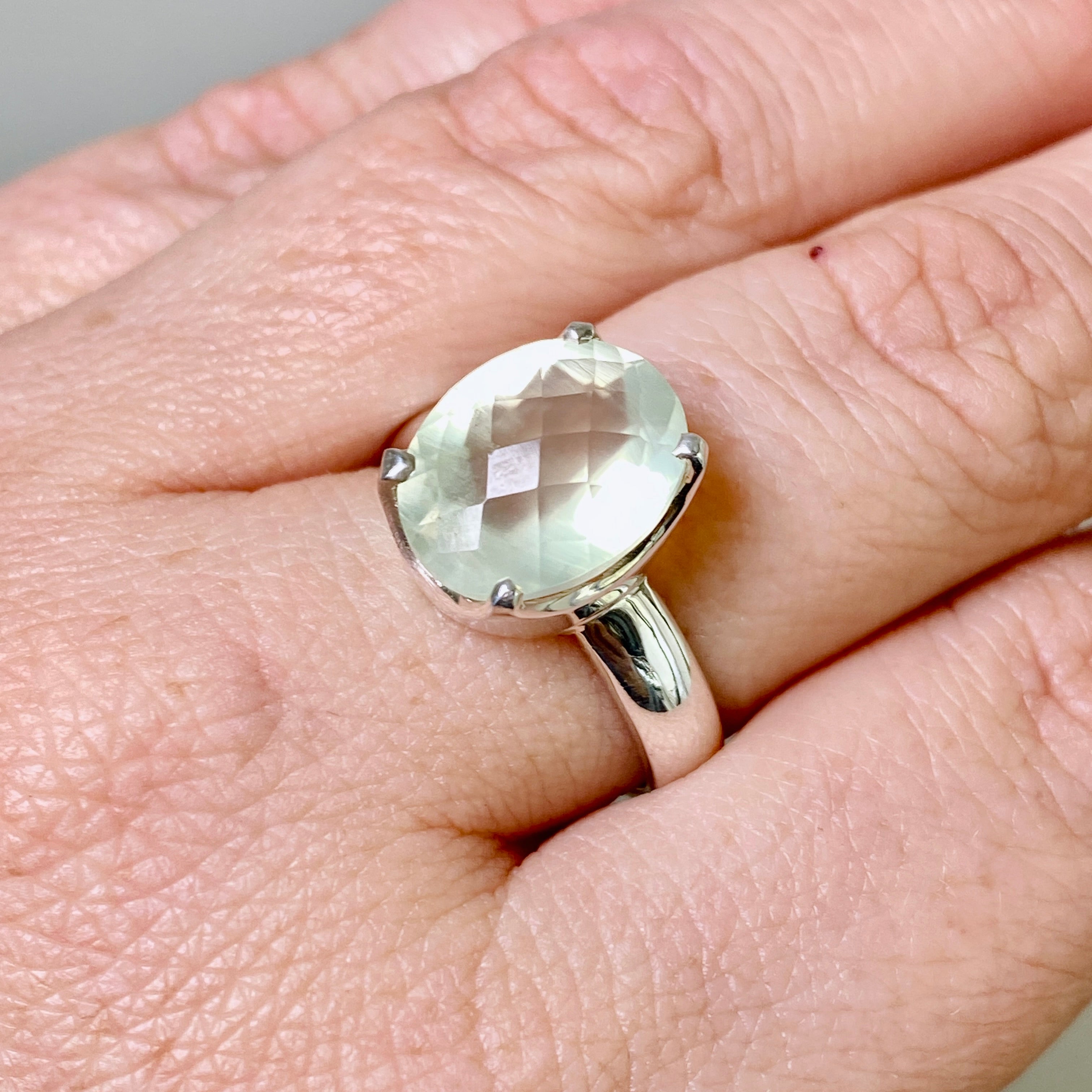 Prehnite Oval Checkerboard Faceted Ring Size 8.5 - Dainty Gold Jewelry for Women, Elegant Birthstone Gift for Her - Perfect for Weddings, Anniversaries & Special Occasions