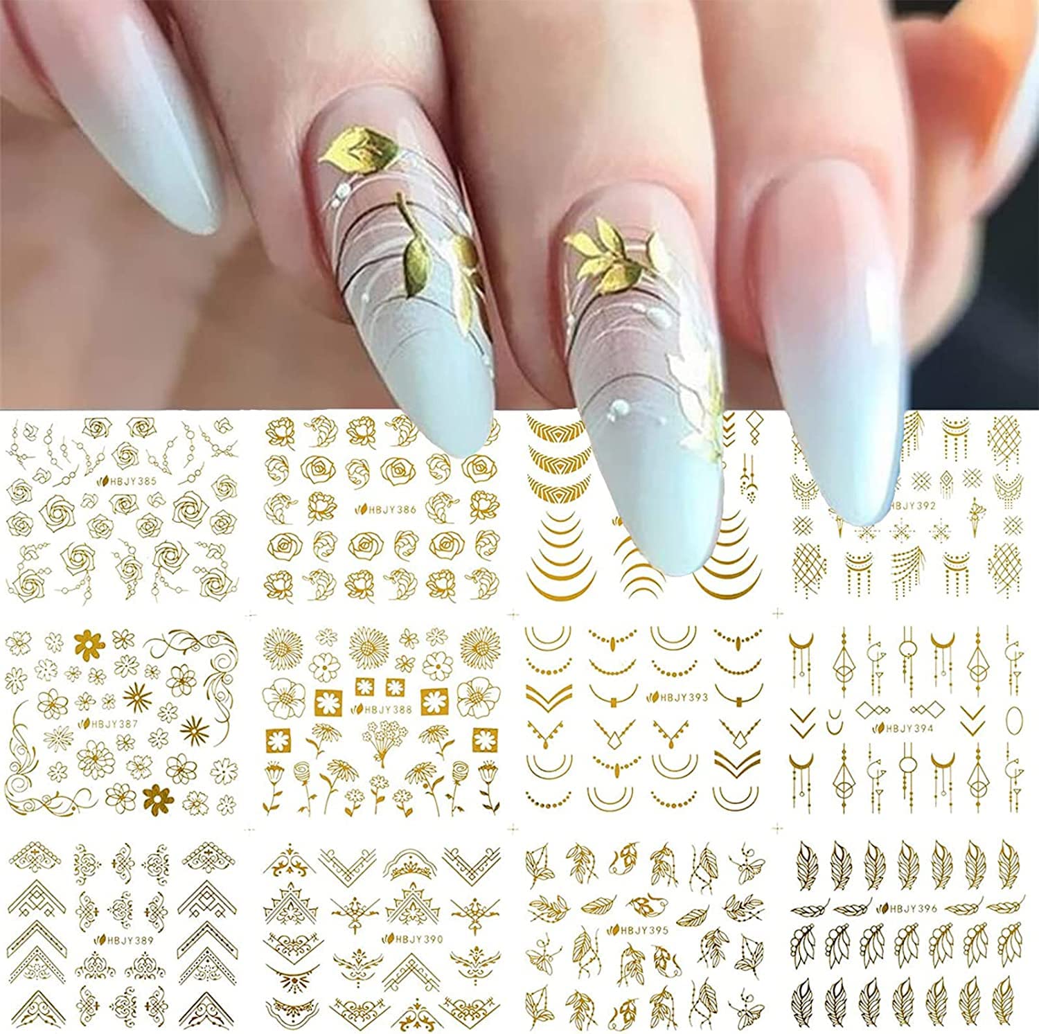 3D Gold Floral Nail Art Stickers - Self Adhesive Nail Decals with Leaves & Flowers for Women & Girls (12 Styles) - Perfect for Parties, Weddings, and Special Occasions