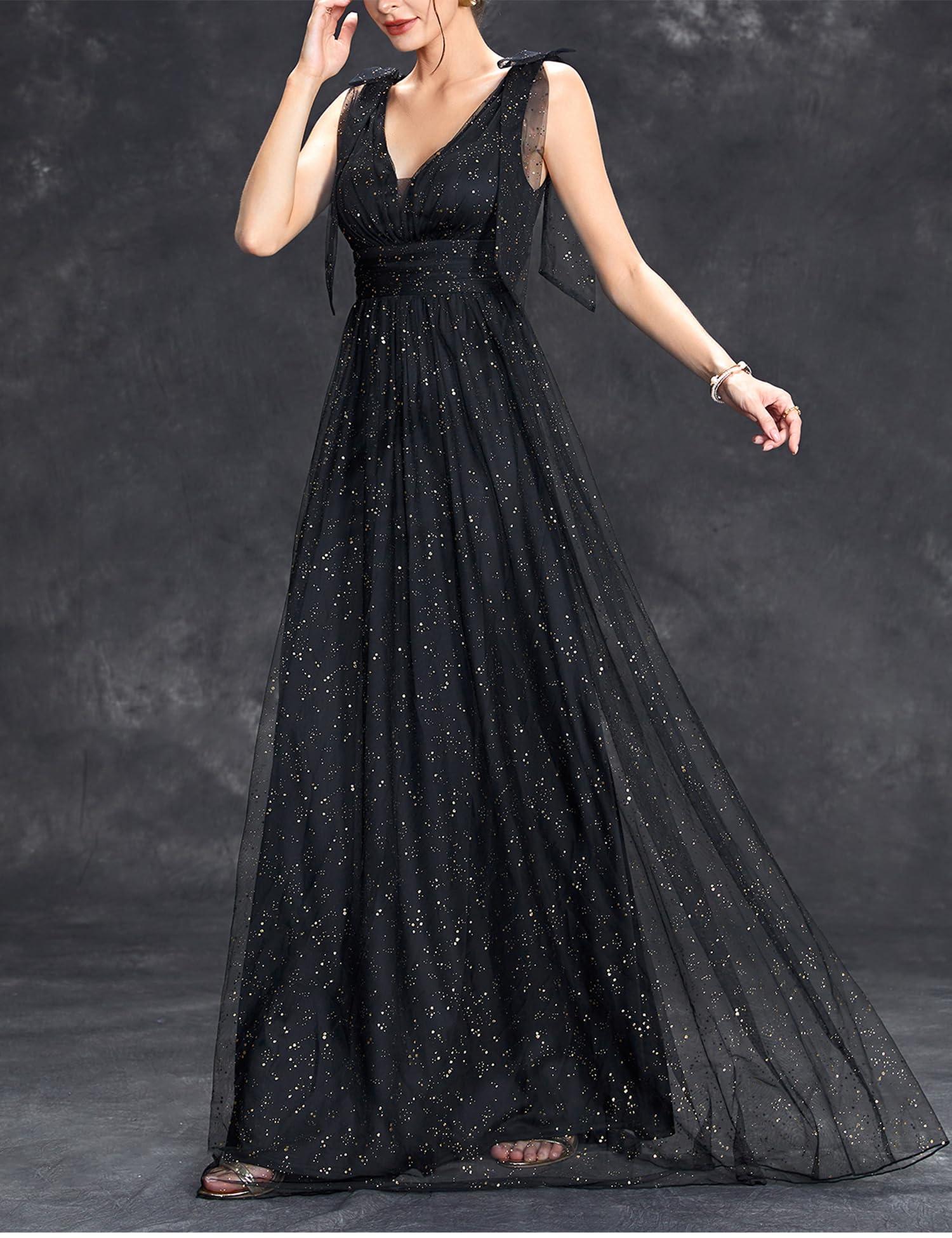 Sparkly Women's Knot-Bow Strap Formal Evening Gown - Elegant V-Neck Long Dress for Wedding Guest, Bridesmaid & Special Occasions | Perfect for Galas, Proms & Cocktail Parties