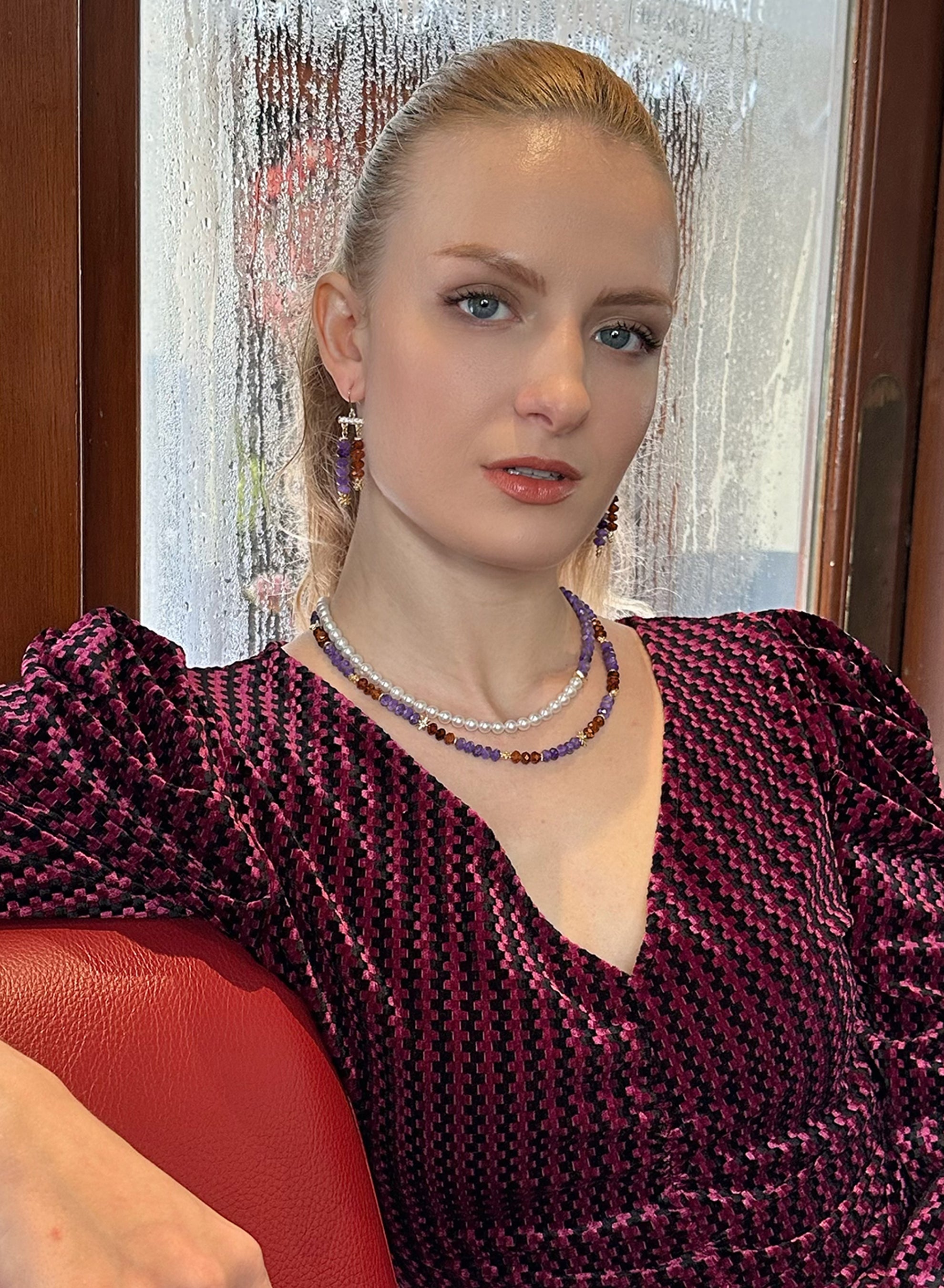 Exquisite Amethyst and Orange Garnet Earrings KE024 – Elegant Jewelry for Women, Perfect for Parties, Weddings & Special Occasions
