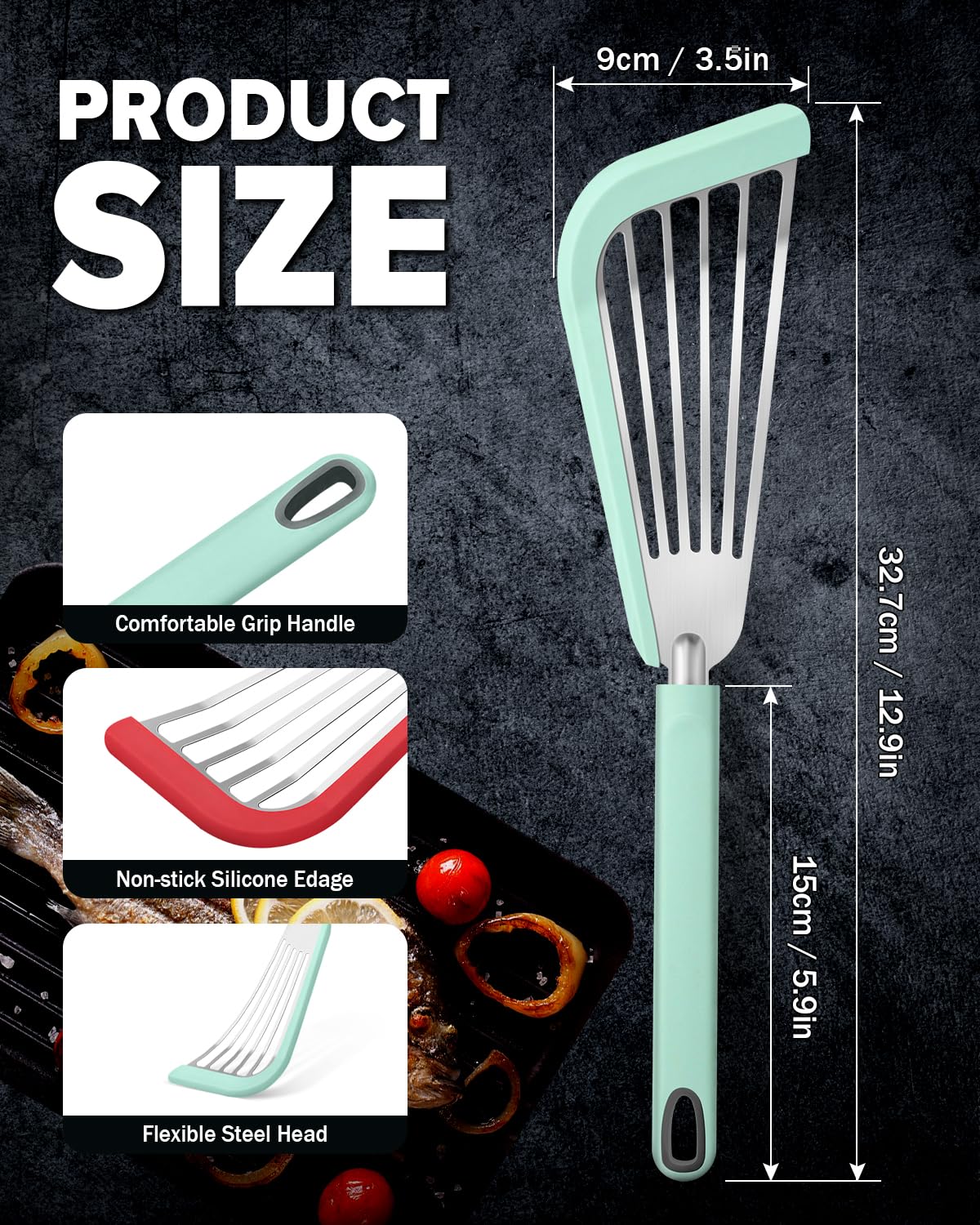 2-Pack Silicone Fish Spatula Turner Set - Thin Slotted Nonstick Cookware Spatulas, Heat Resistant Flexible Stainless Steel Kitchen Utensils for Flipping Fish, Eggs & Pancakes - Perfect for Grilling, Frying & Breakfast Cooking