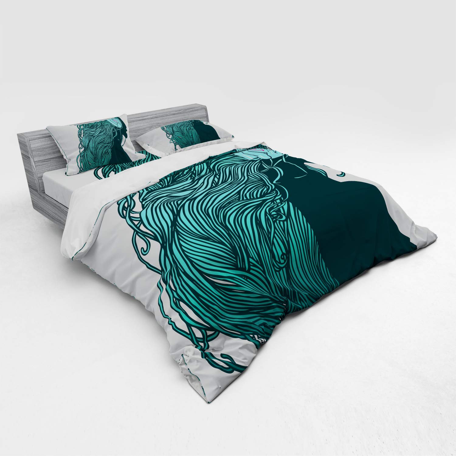 Lunarable Music Themed Bedding Set - DJ Girl Profile with Headphones, Nightclub Silhouette Party Print 4-Piece Duvet Cover Set with Shams & Fitted Sheet, King Size, Teal Aqua White - Perfect for Music Lovers' Bedroom Decor & Themed Parties