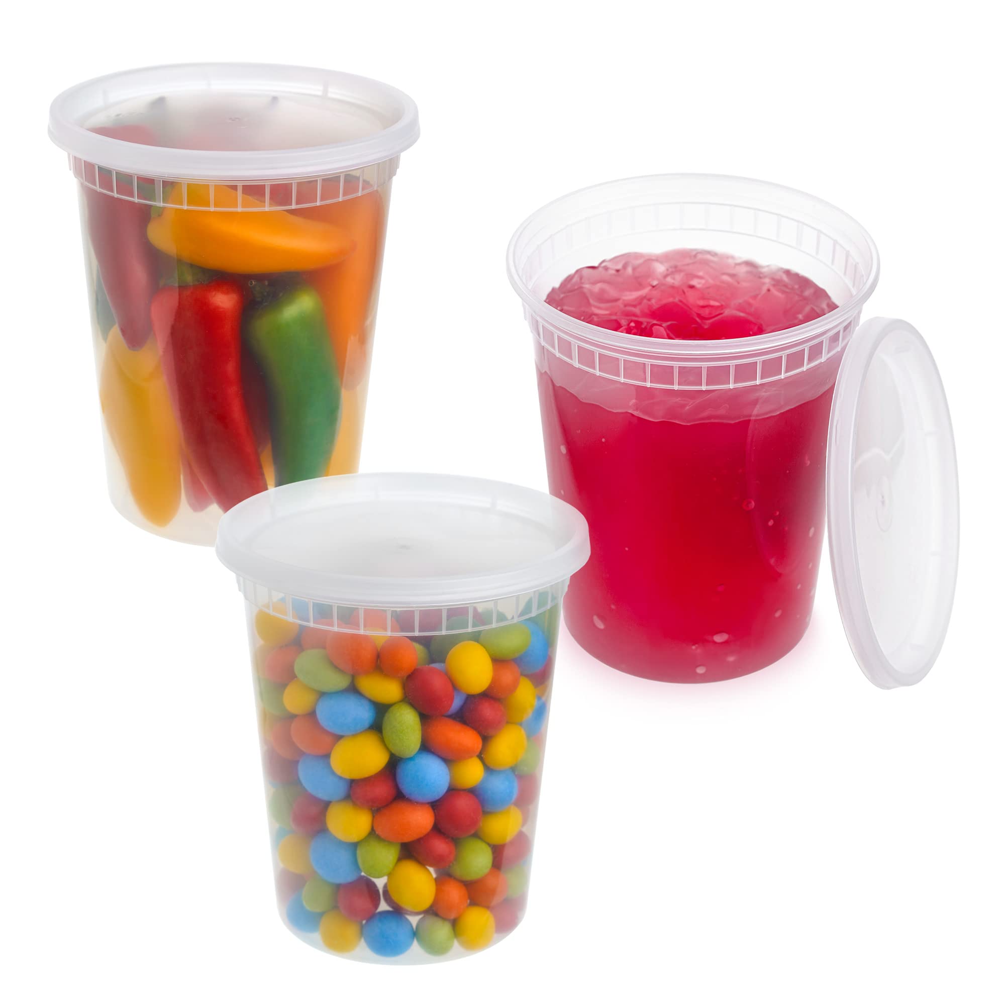 Stackables 12-Pack Round Food Storage Containers (32oz/946ml) with Lids - Reusable Microwave & Dishwasher Safe Plastic Deli Containers - Perfect for Meal Prep, Leftovers, Soup Storage & Takeout
