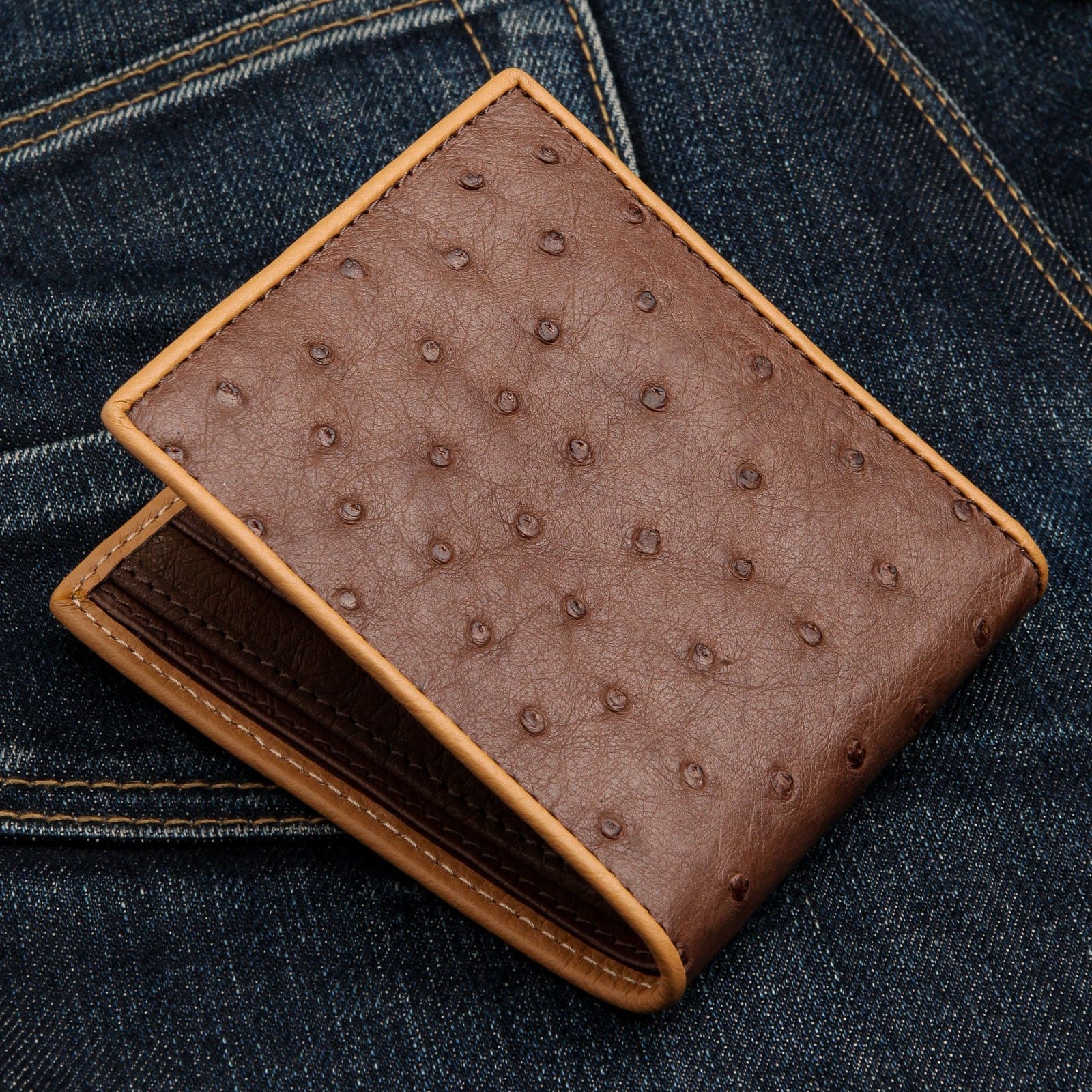 Luxury Dark Brown Two-Tone Ostrich Leather Wallet for Men - Genuine Exotic Skin Bifold Wallet with RFID Protection - Perfect for Business, Travel & Everyday Use