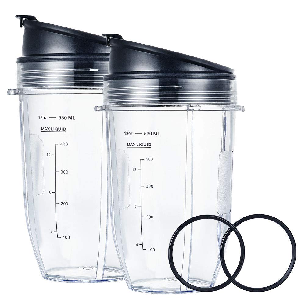 Ninja Blender Replacement Cups 18OZ - 2 Pack with Leak-Proof Lids & Rubber Gaskets - Compatible with Nutri Ninja Auto IQ 900W/1000W Series - Perfect for Smoothies, Protein Shakes & Meal Prep on the Go