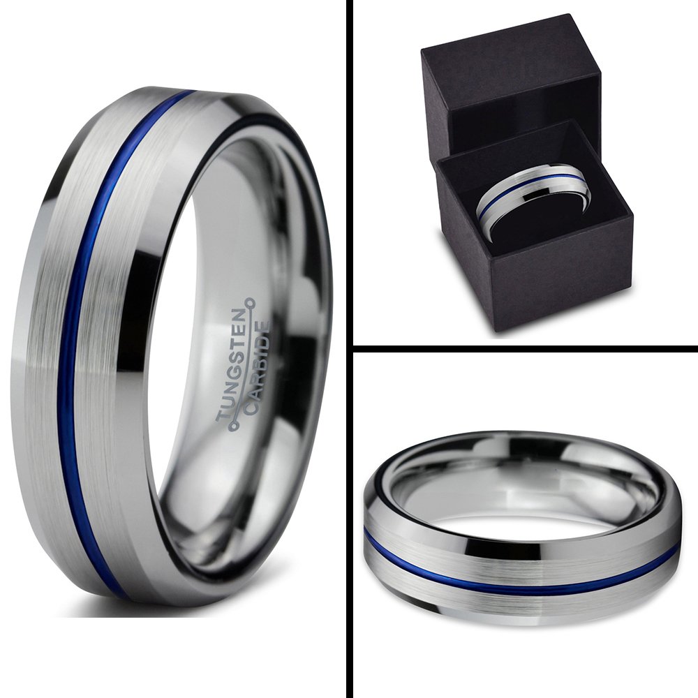Tungsten Carbide Wedding Band Ring 6mm for Men & Women - Blue Black Center Line, Beveled Edge, Brushed/Polished Finish - Custom Engraving for Anniversary & Engagement - Perfect for Everyday Wear, Special Occasions & Gift Giving