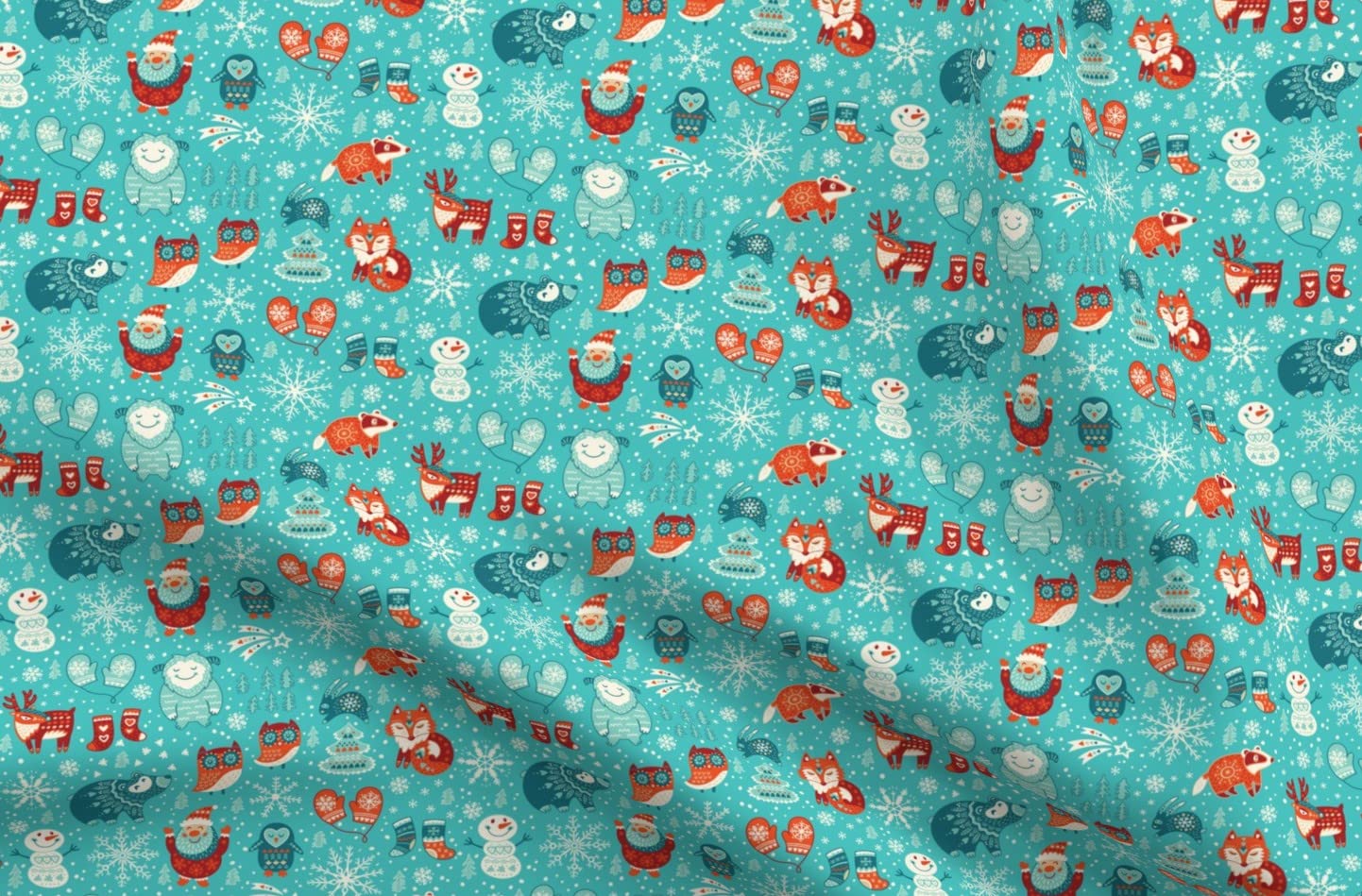 Winter Christmas Cartoon Snow Holiday Aqua Woodland Santa Foxes Printed Minky Fabric Fat Quarter - Soft Plush Fabric for Sewing Baby Blankets, Quilt Backing & DIY Crafts - Perfect for Holiday Decorations & Cozy Home Projects